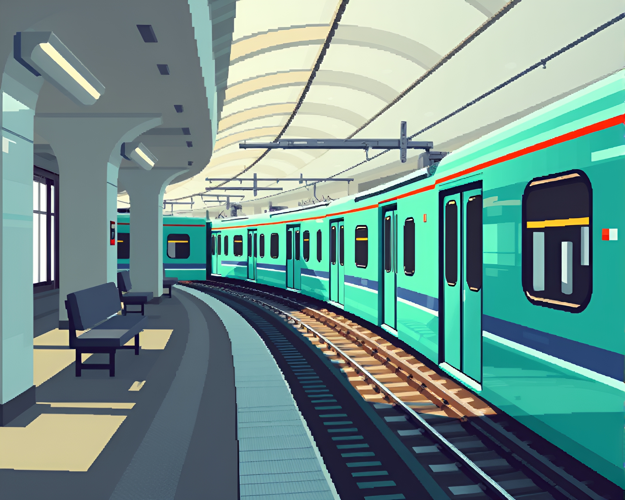 Turquoise Pixelated Train Station Architectural Rendering – free AI stock image