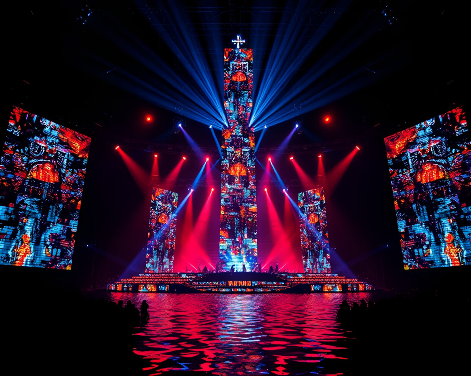 Mosaic pattern tower under concert stage lights reflecting in water