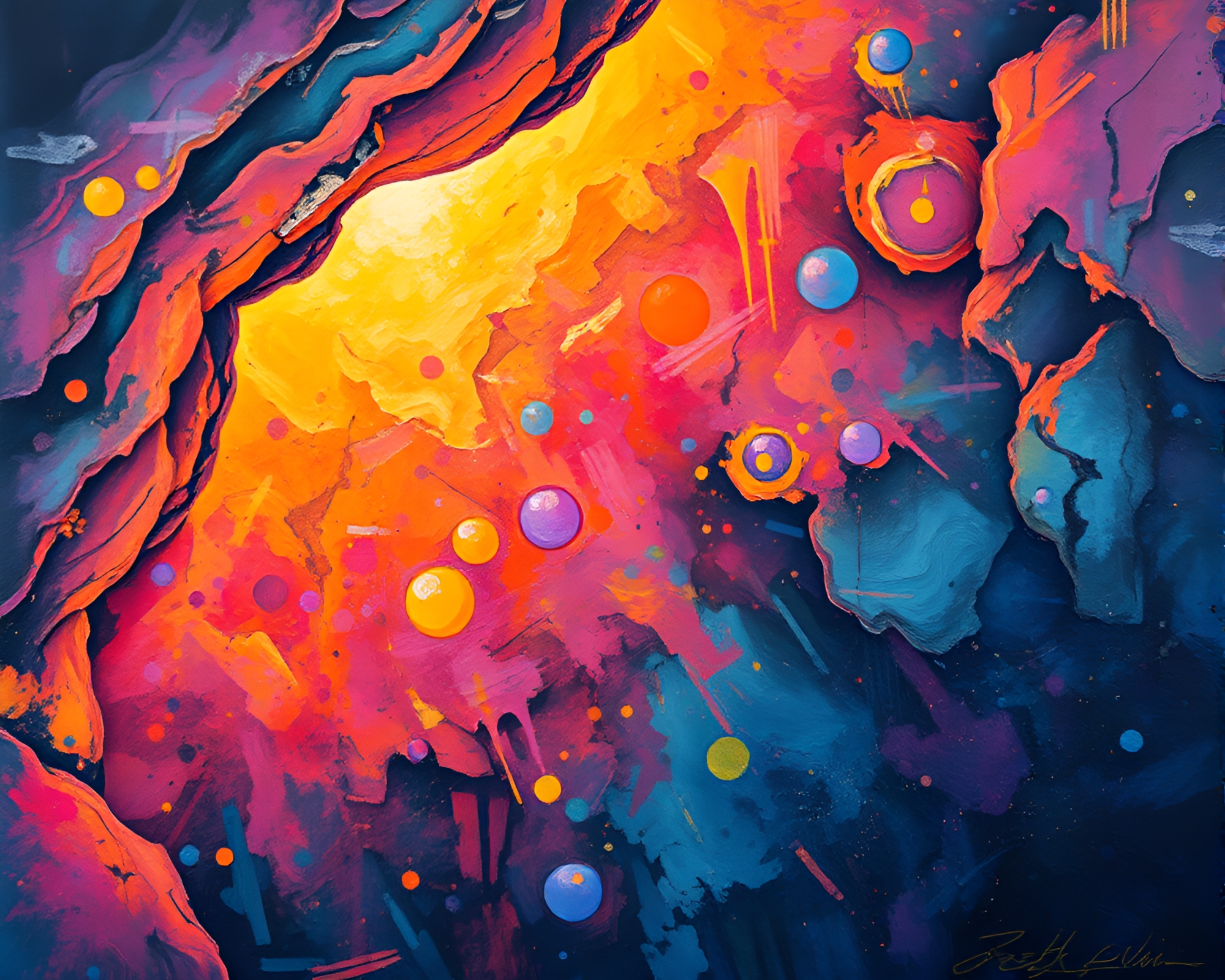 Neon Cave Painting Illuminated by Backscatter Flare – free AI stock image