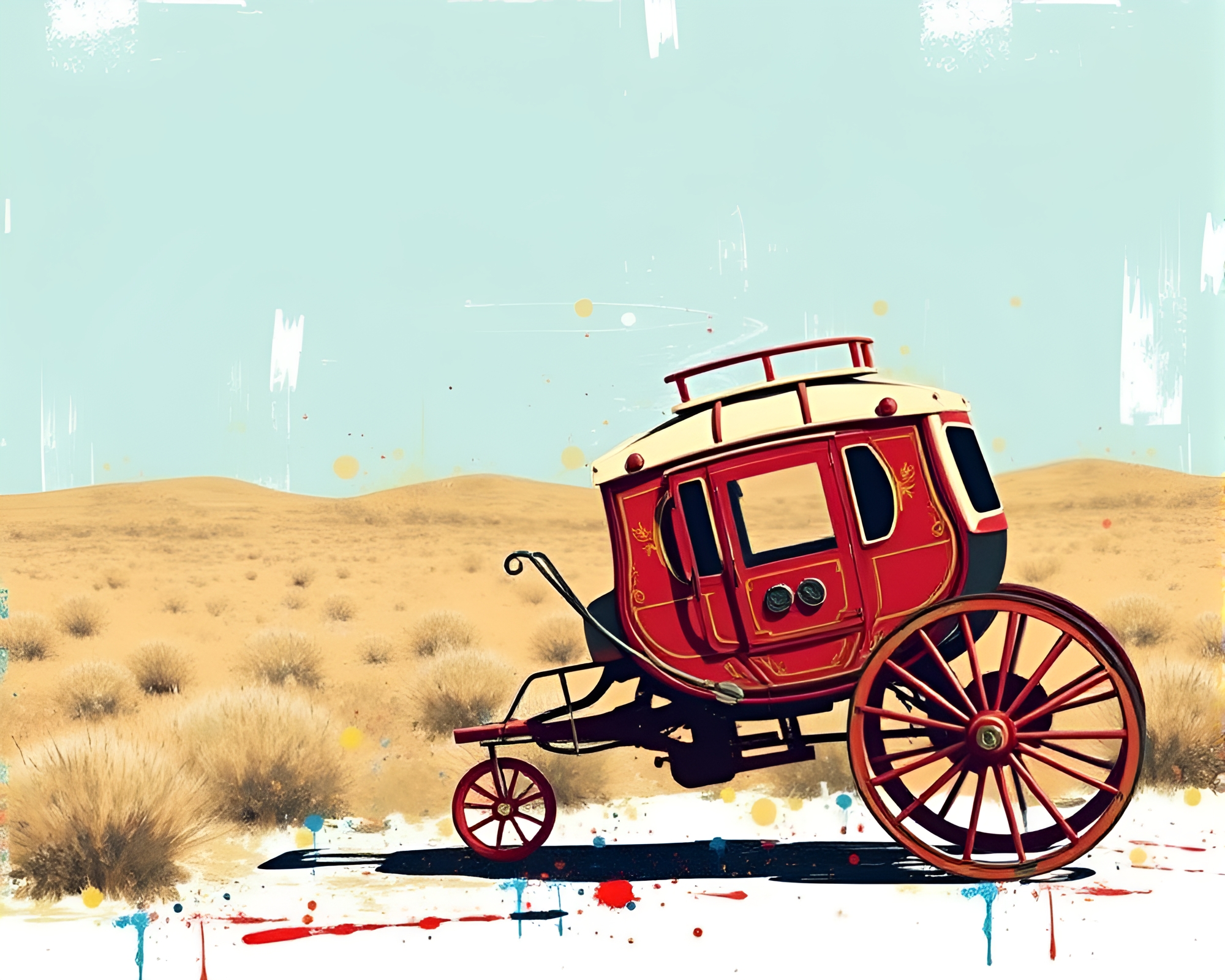 Dynamic Stagecoach Scene with Paint Splatter Enhancement – free AI stock image