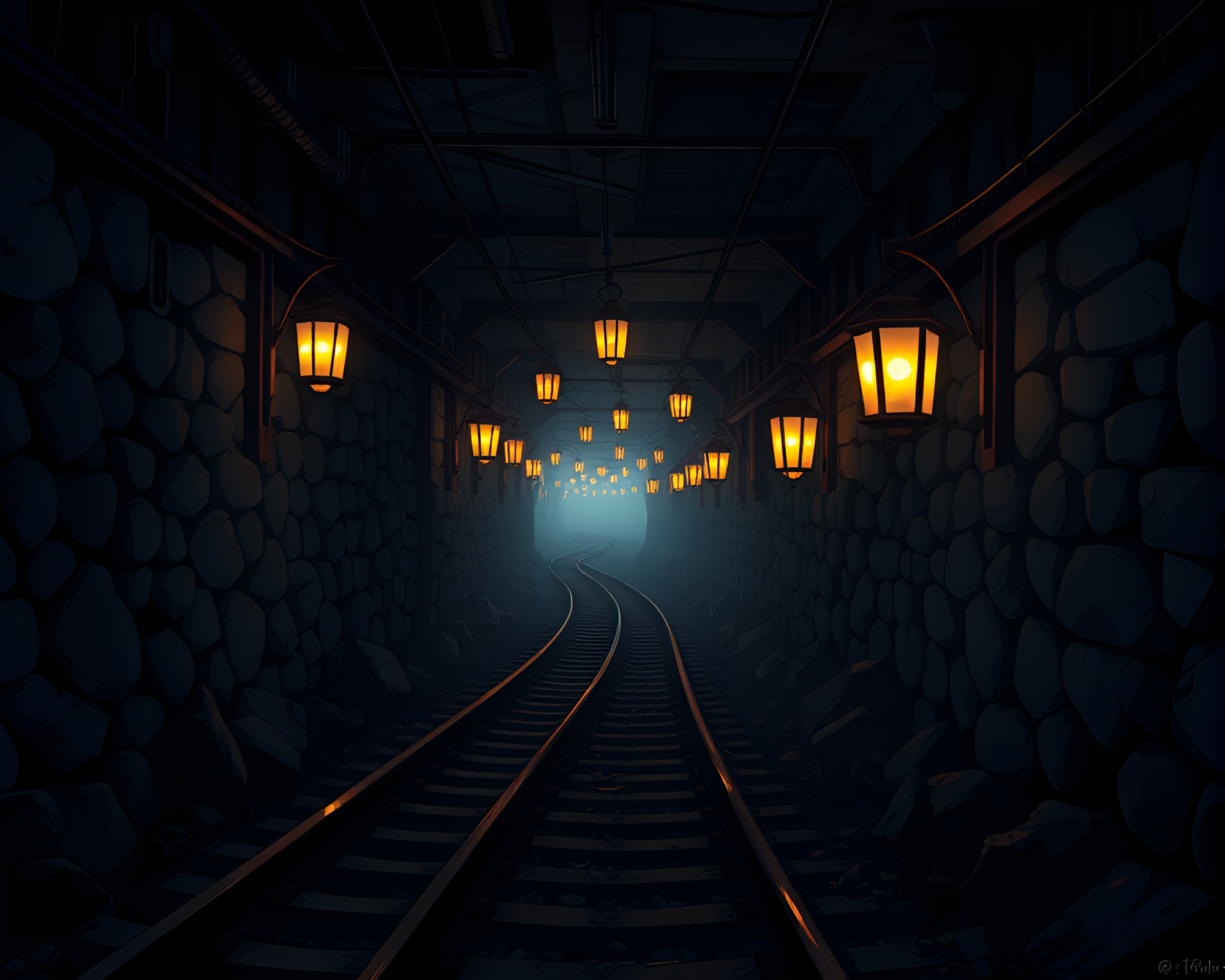 Anime-style Train Light Trails in Basement Lantern Glow – free AI stock image