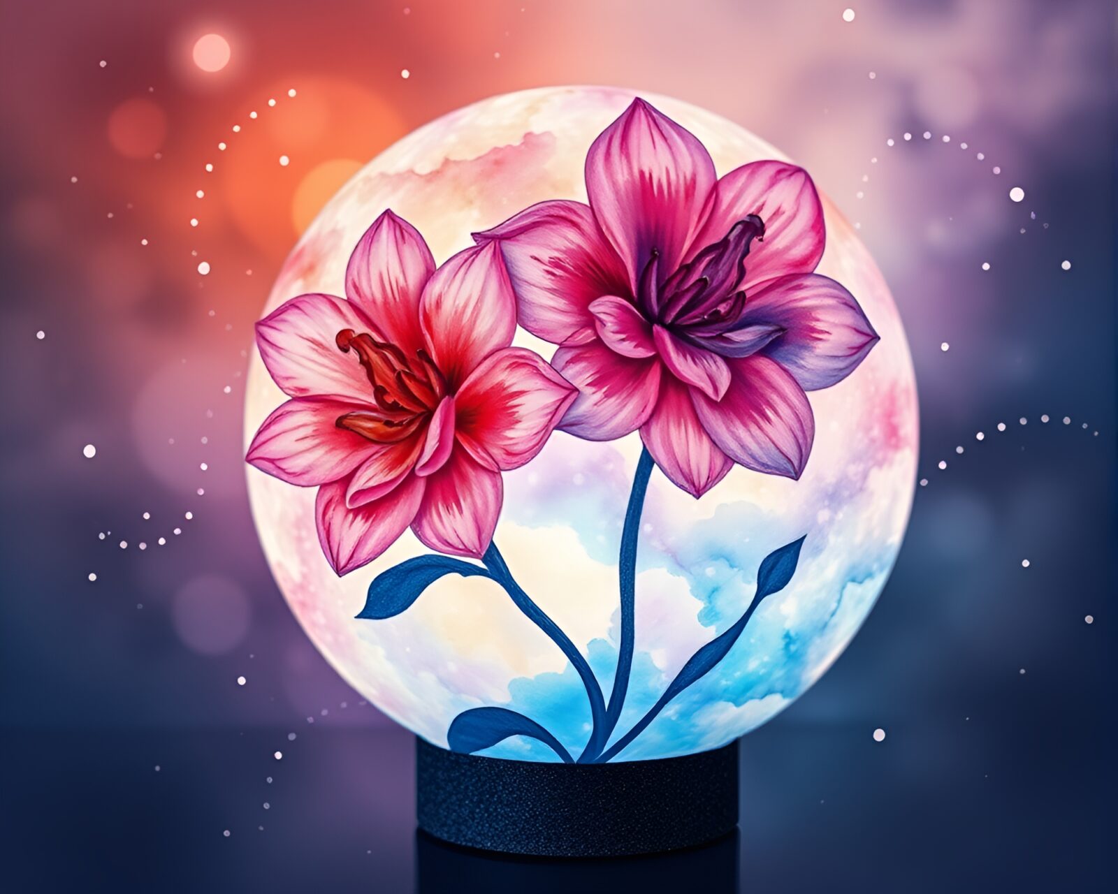 Colorful watercolor lamp with cosmic swirls against matte finish