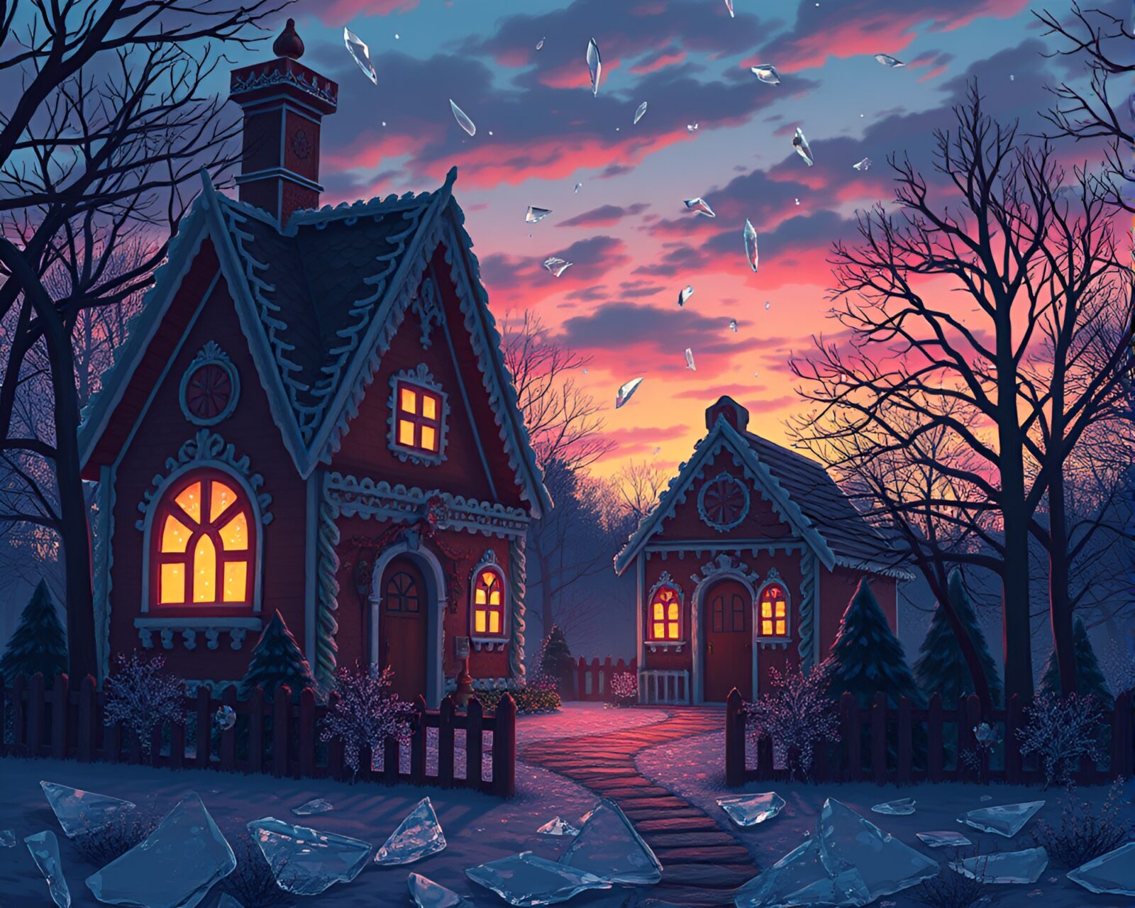 Anime-style gingerbread house at dusk with glass shards