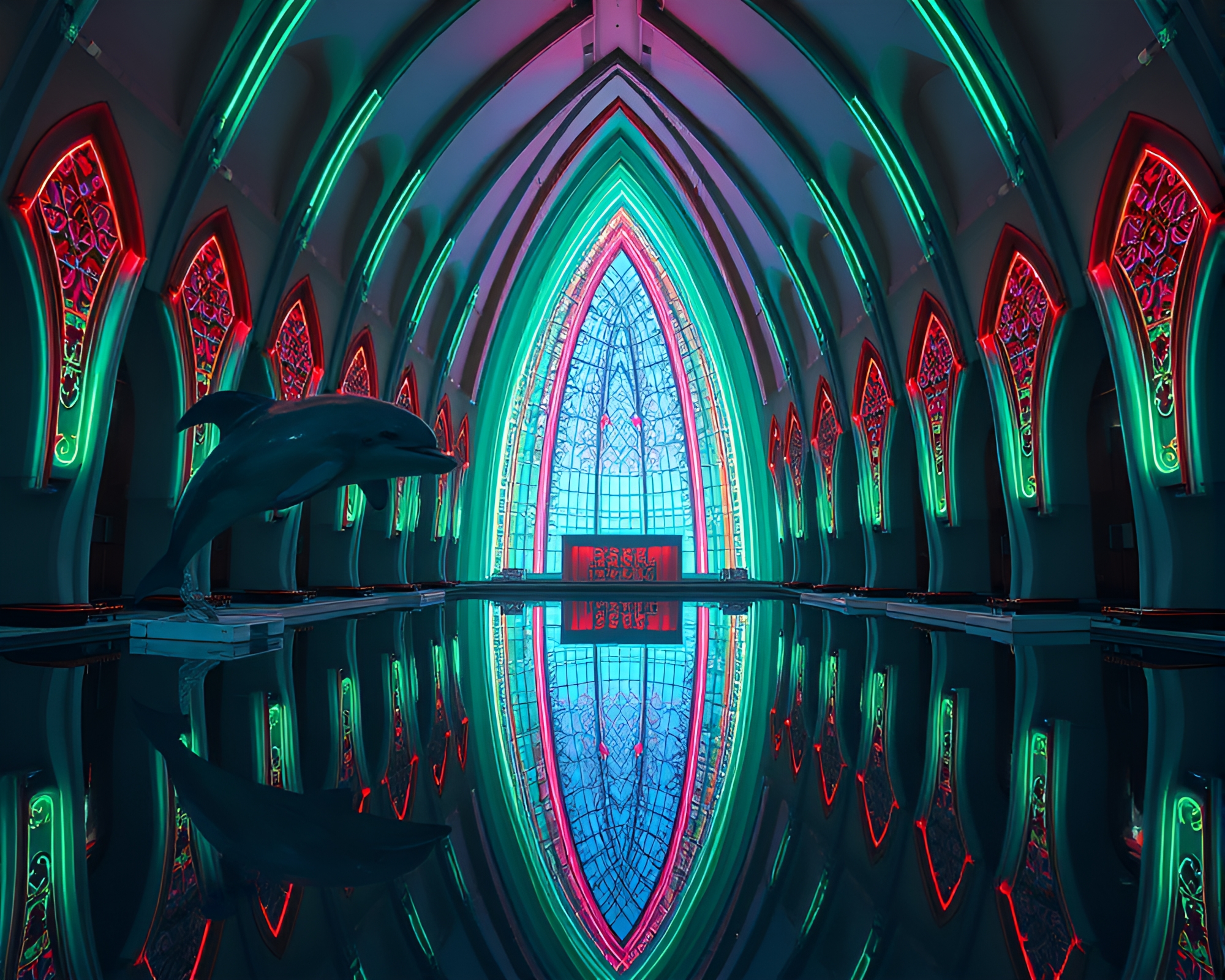 Neon Dolphin Cathedral Stained Light – free AI stock image