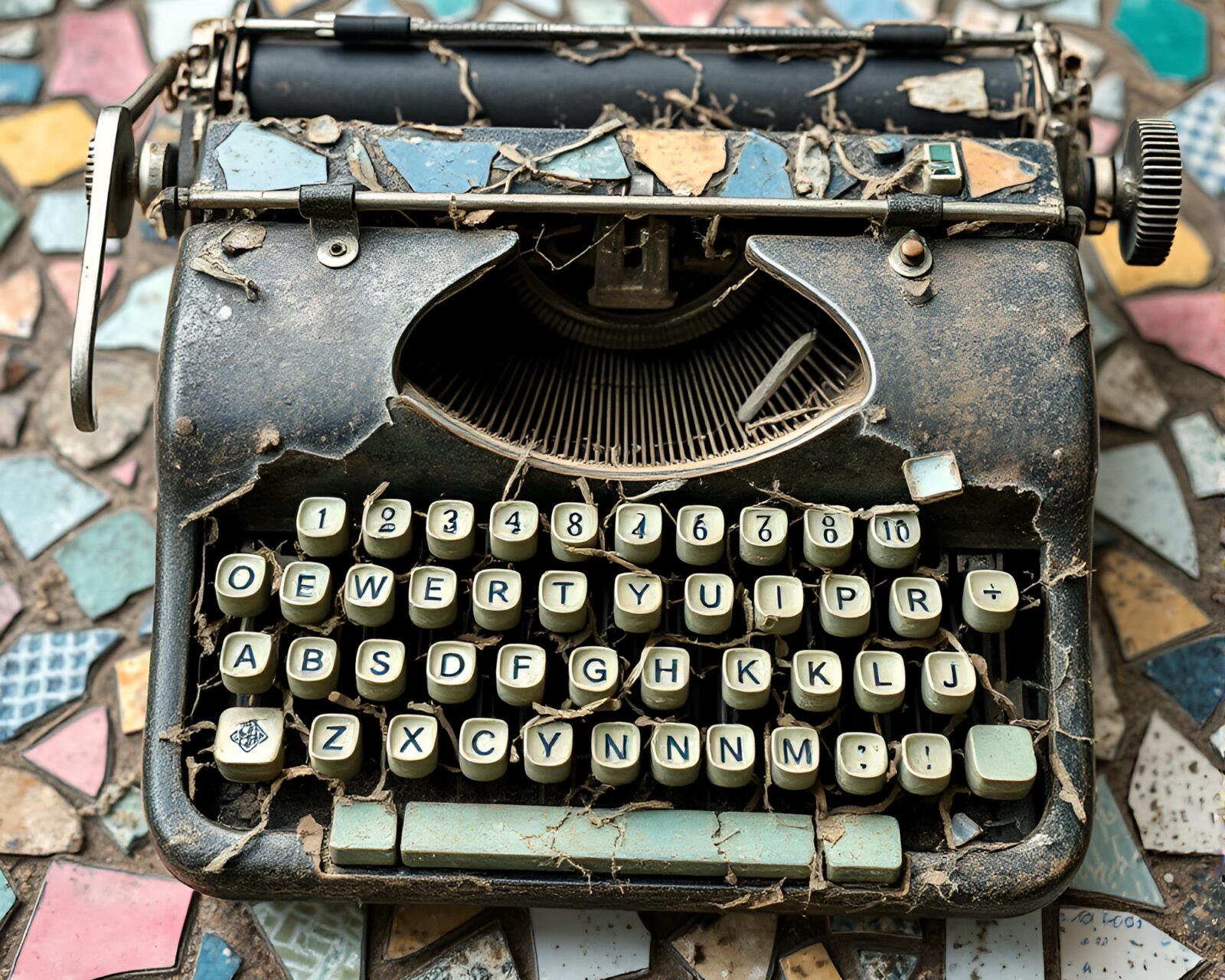 Broken mosaic fragments overlay an antique typewriter, pastel colors.