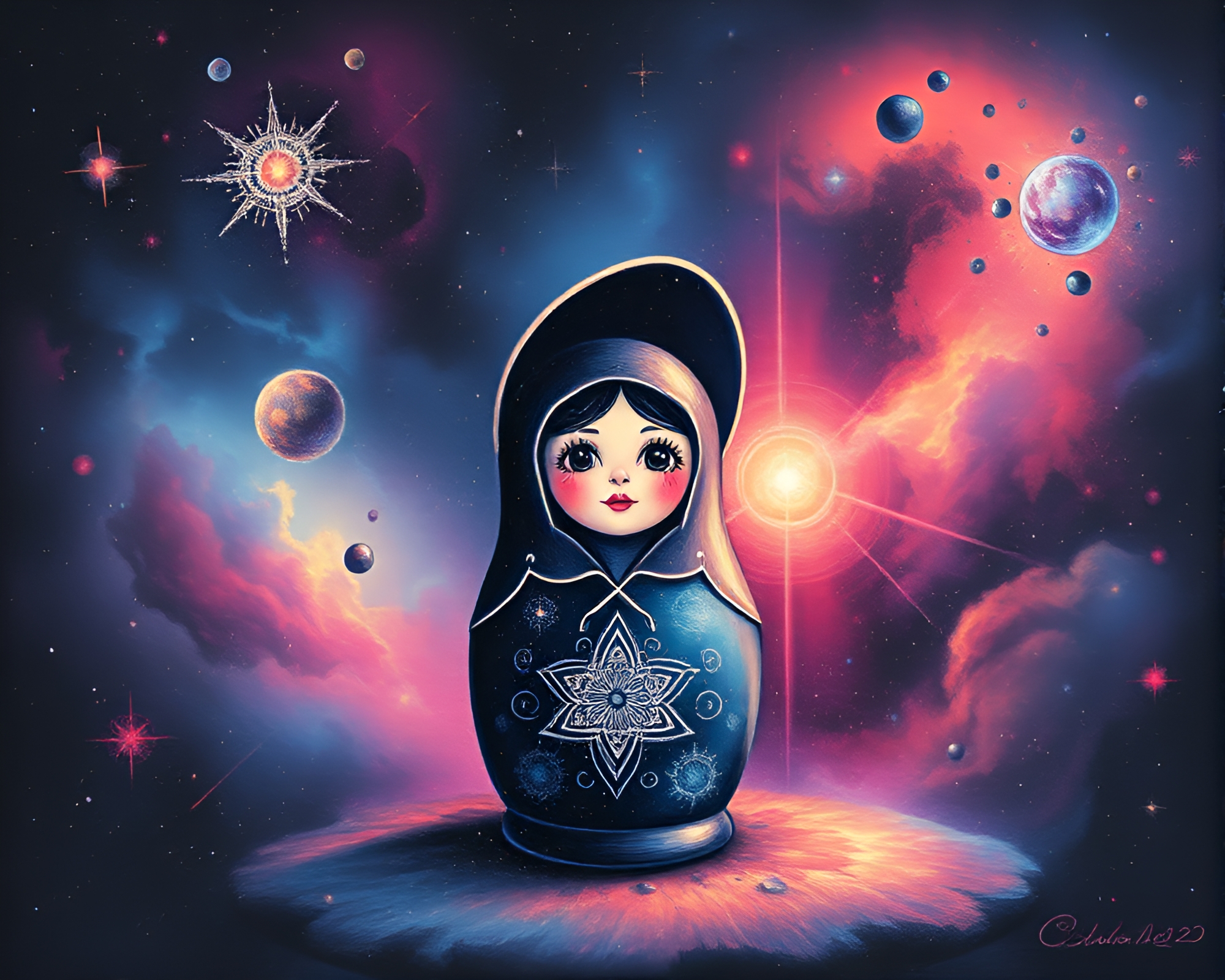 Etched Matryoshka Doll in Cosmic Nebula Hues – free AI stock image