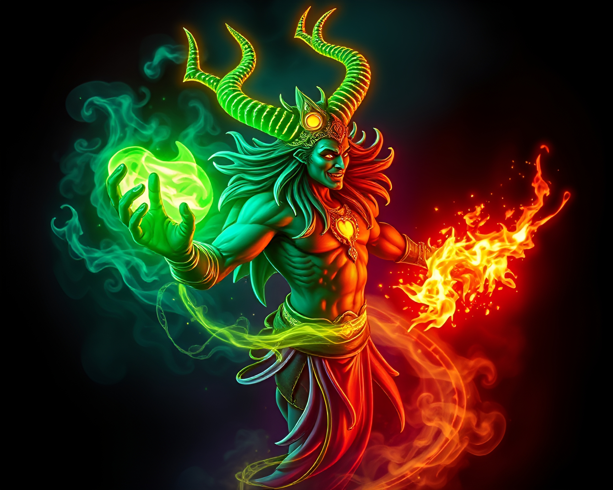 Neon Djinn Sorcery: Mystical Glow at Dynamic Angle – free AI stock image