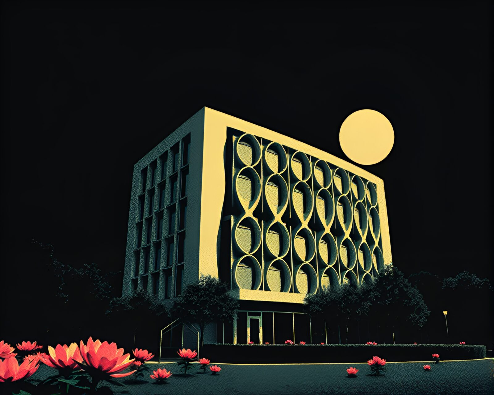 Stylized stipple shading illustration of flower petals on harsh architectural backdrop