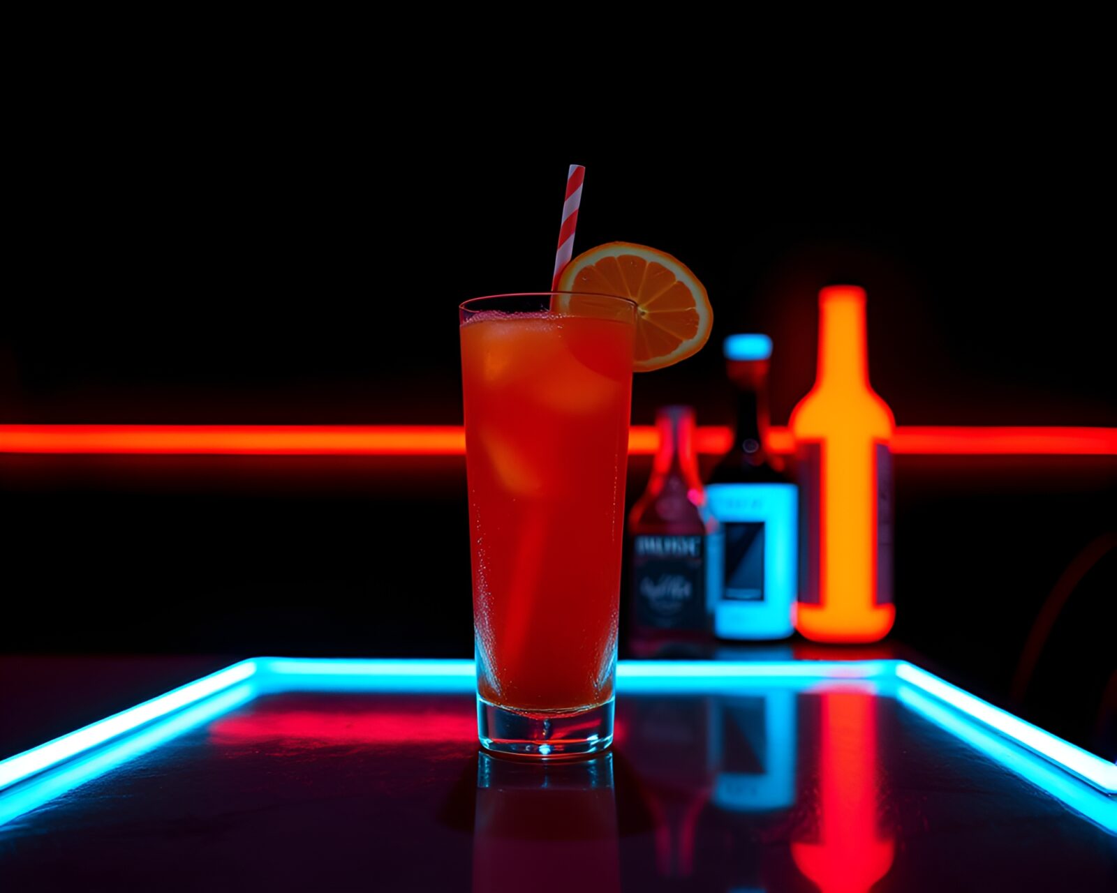 Vivid neon tubing outlining a blood orange cocktail scene.