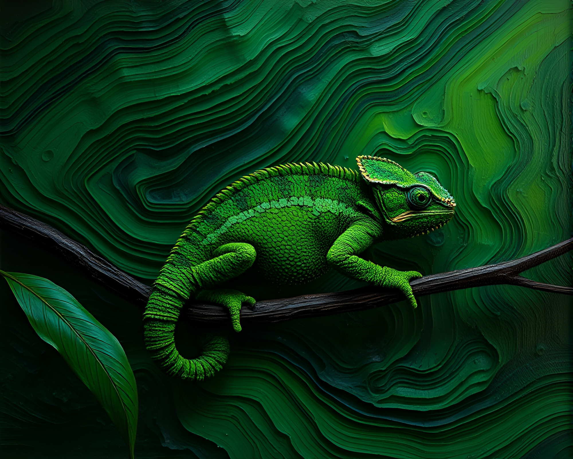 Impasto Chameleon in Noir Rainforest – free AI stock image