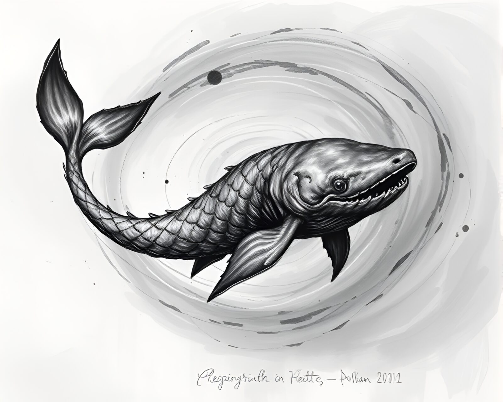 Dark swirl of fingerprints in grey, watercolor Leviathan creature
