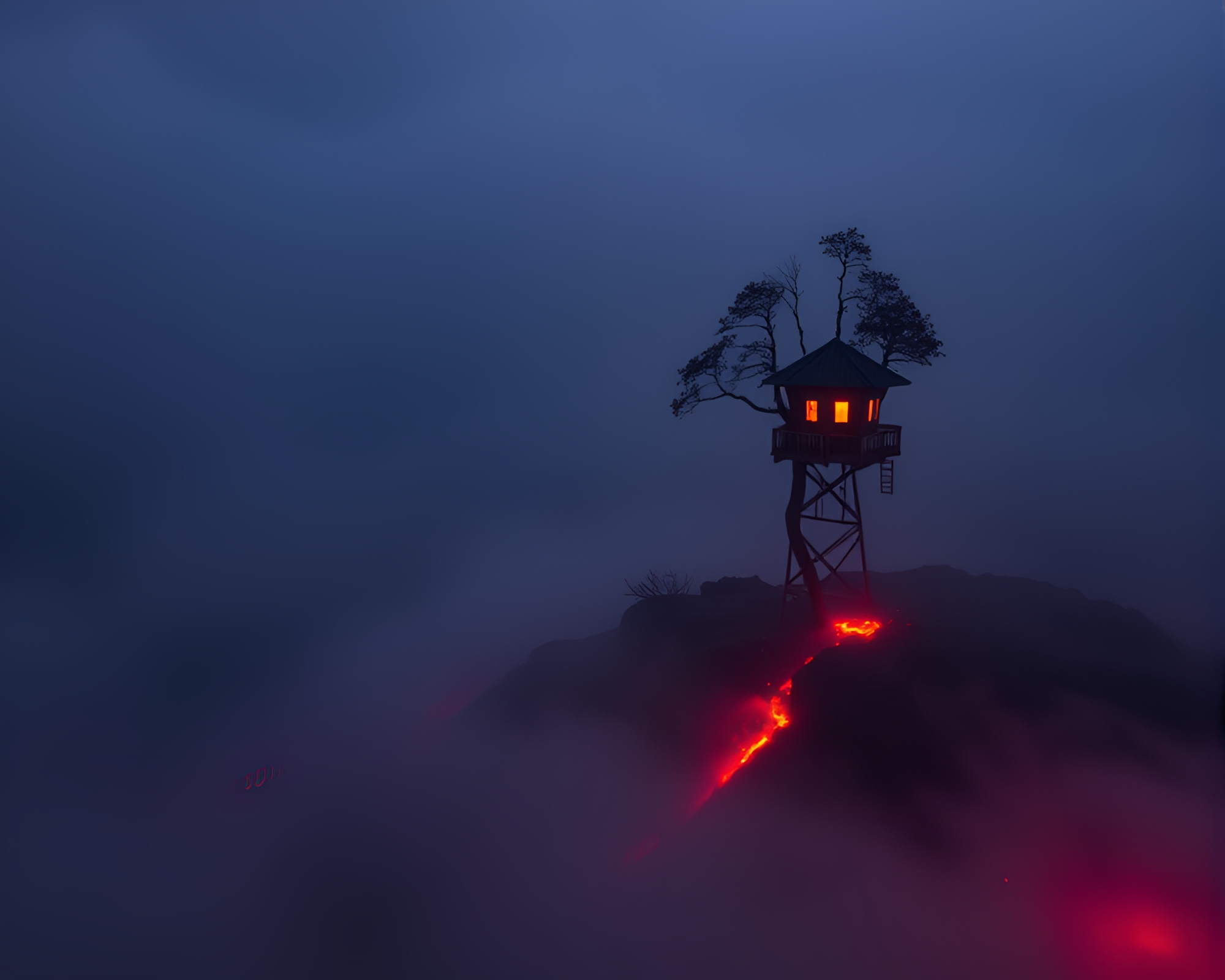 Mystical Treehouse engulfed in Volcanic Red Mist – free AI stock image