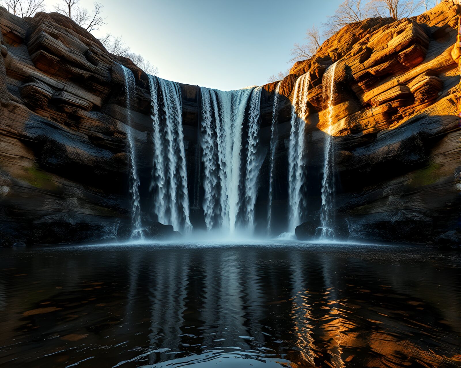 A mirror-like waterfall reflecting bronze hues in natural beauty