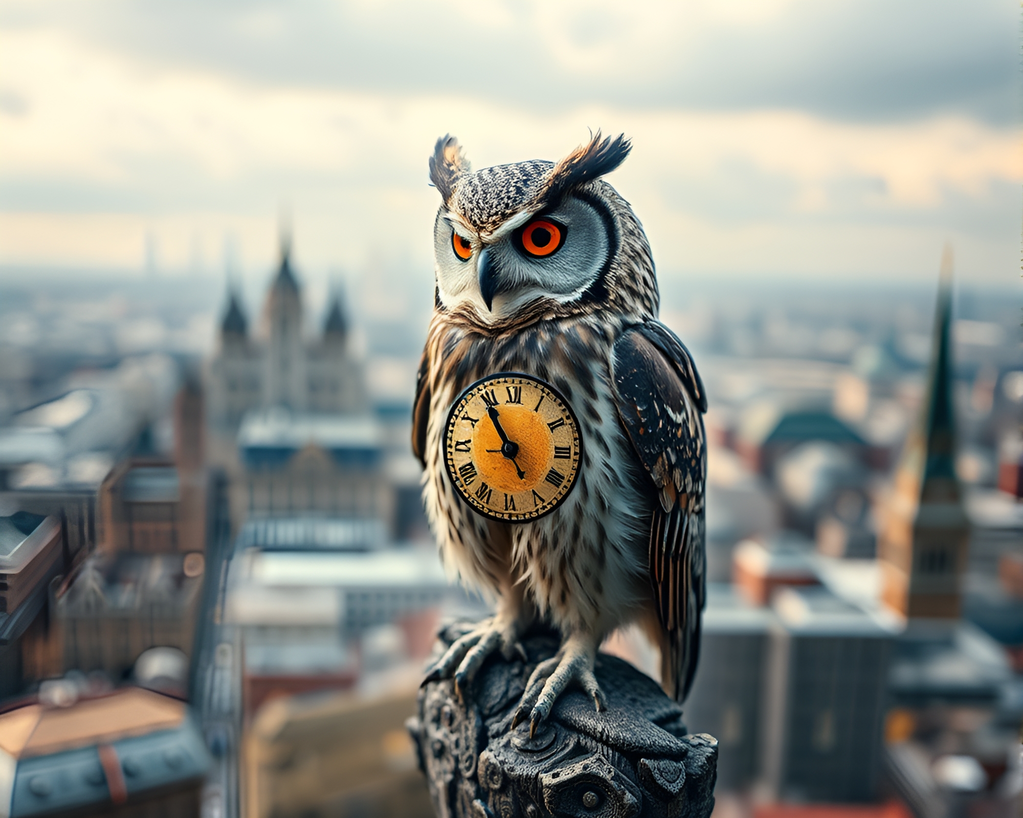 Clockwork Owl in Paint Splatter Panorama – free AI stock image