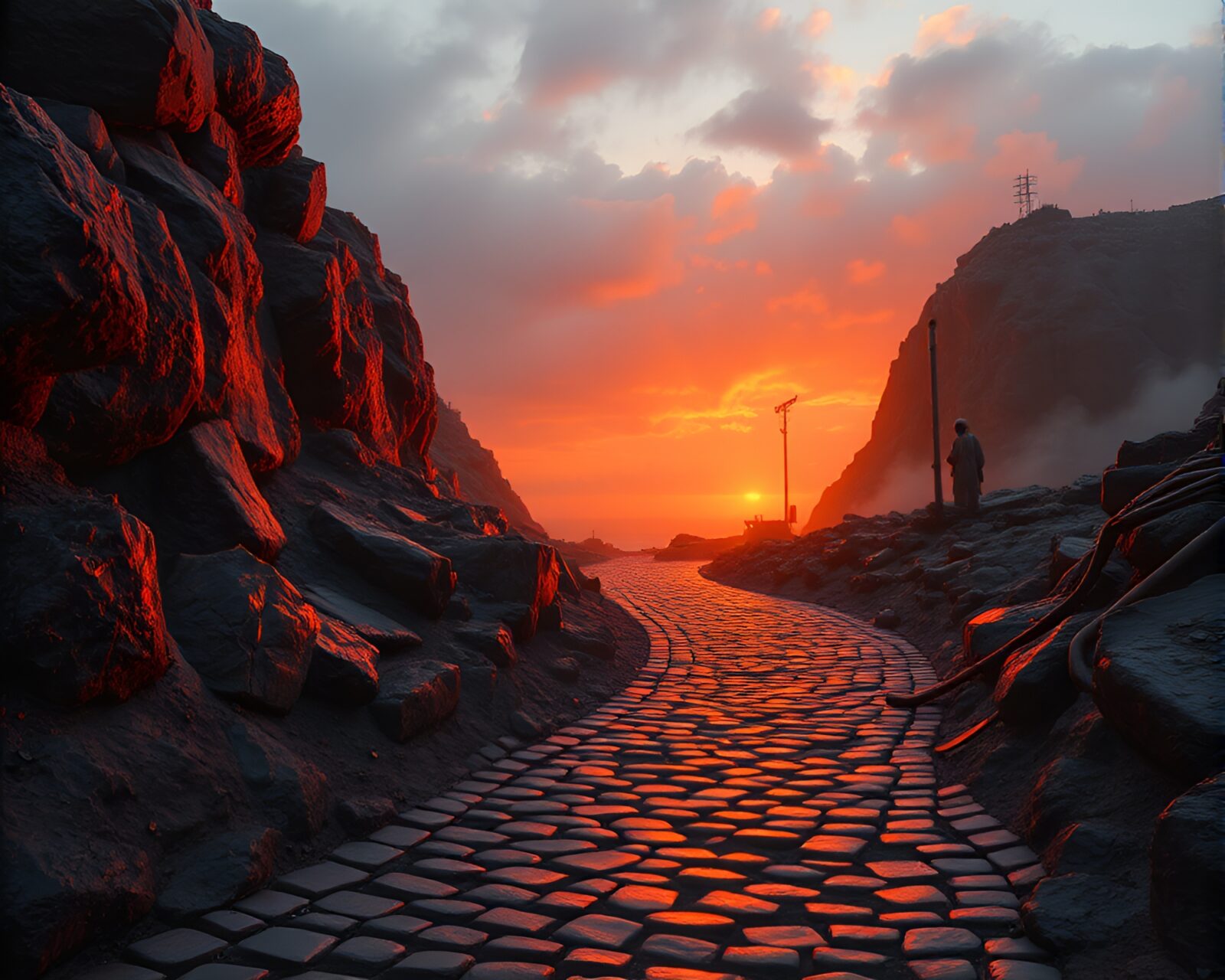 A burnt orange volcanic island cobblestone path illustration