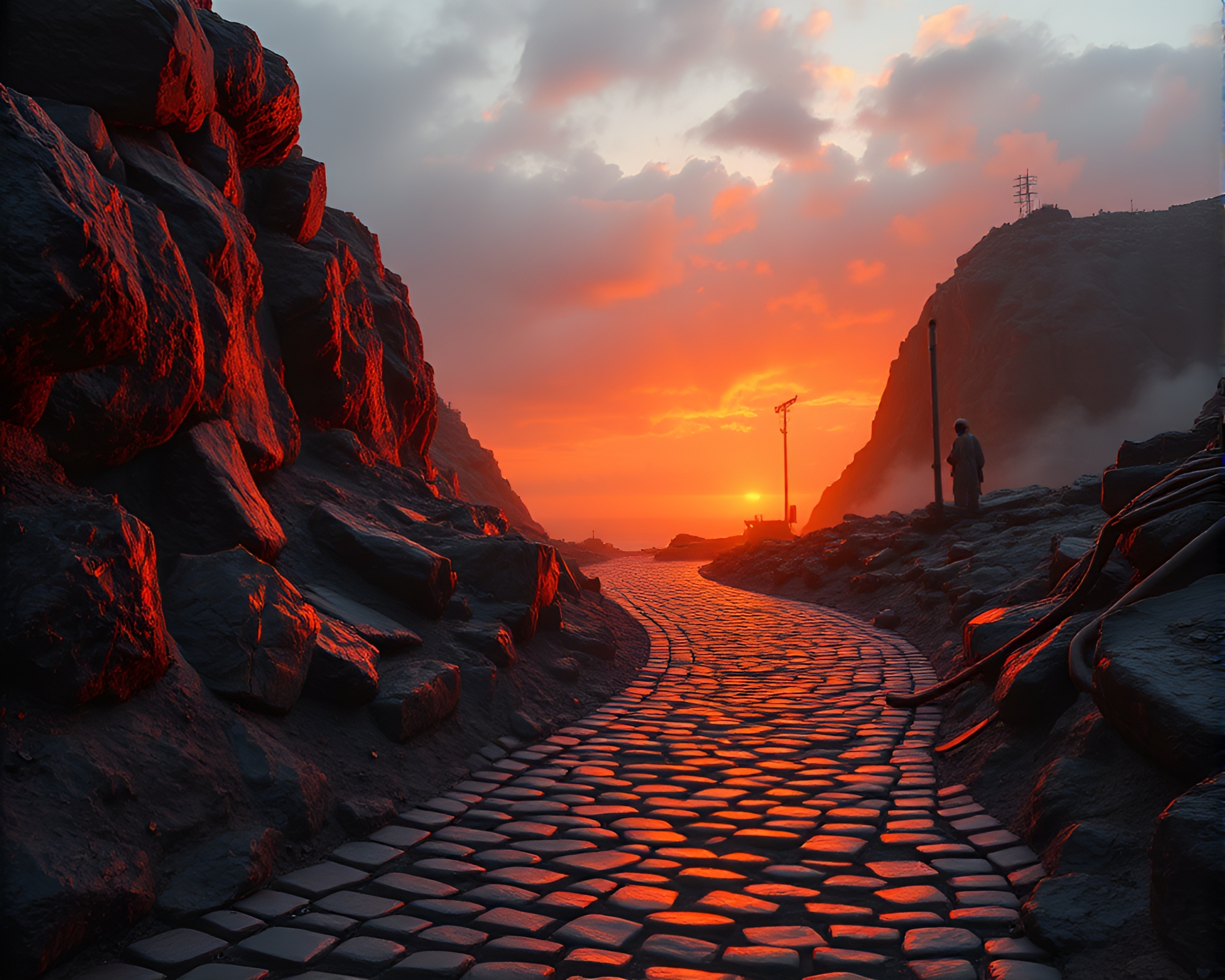 Volcanic Island Cobblestone Path Matte Painting – free AI stock image