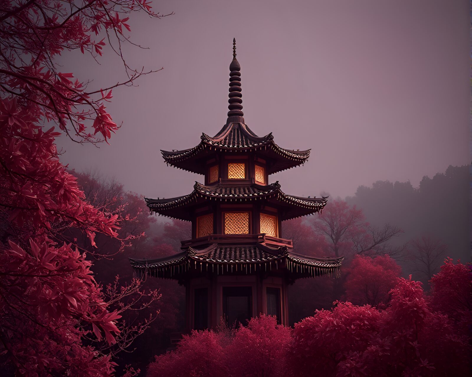 Surreal infrared image of pagoda surrounded by dew drops