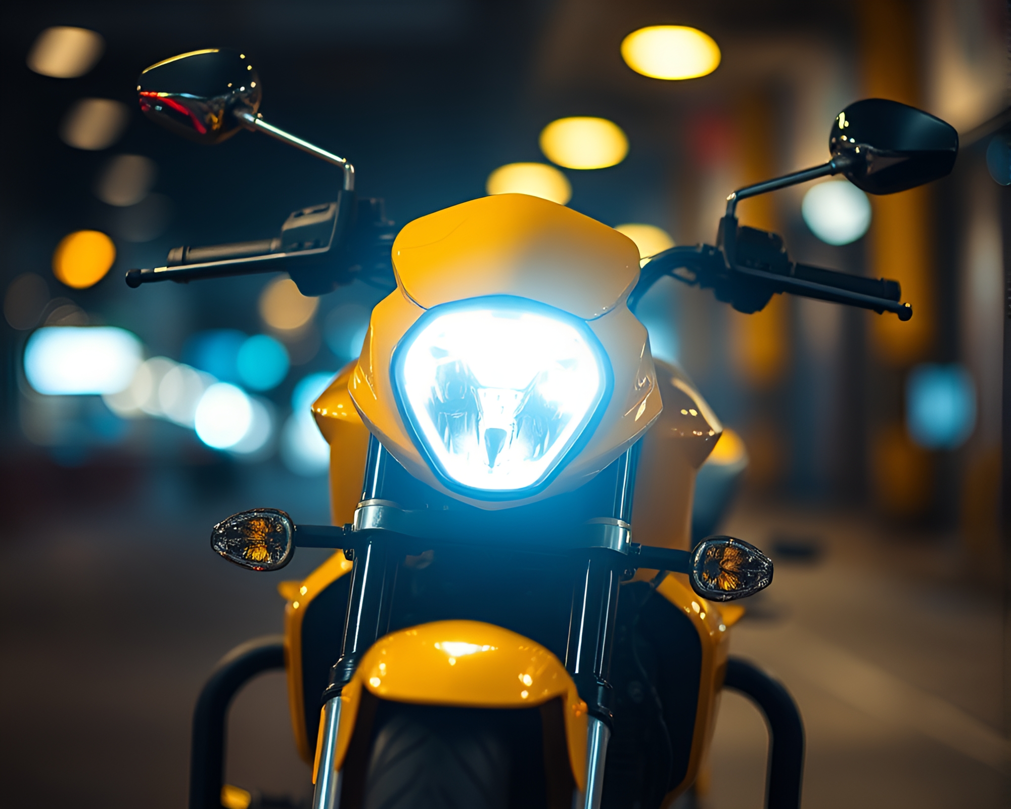 Mustard Yellow Motorcycle in Neon Glow – free AI stock image