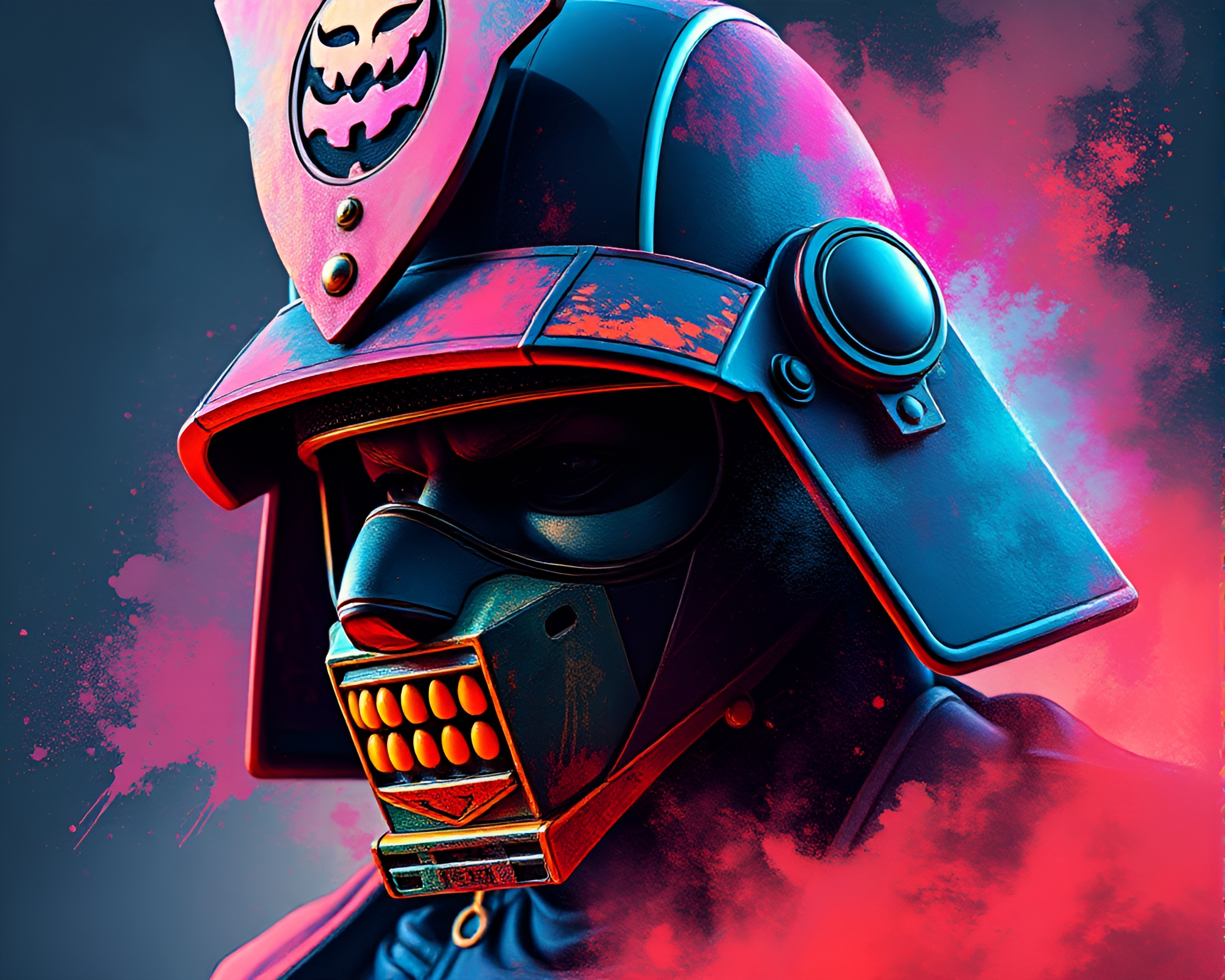 Neon Samurai Helmet in Dusty Trompe-l’oeil Composition – free AI stock image