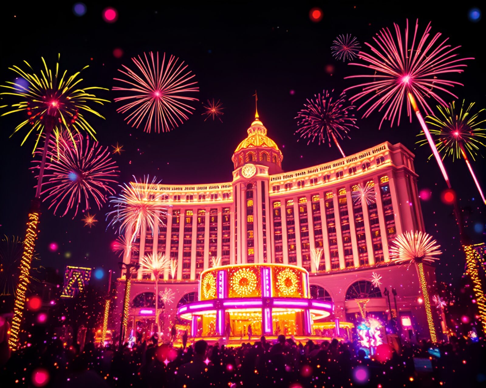 A mesmerizing holographic display of fireworks at an Art Deco hotel festival night