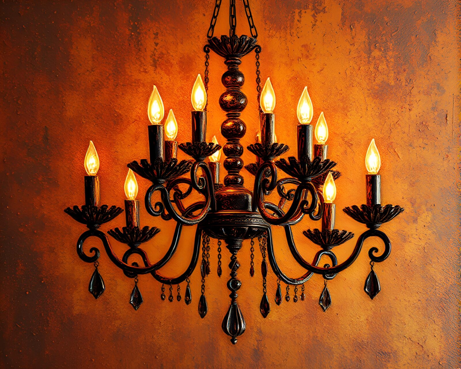 Impasto-style chandelier hanging in flickering CRT light, rusty flakes