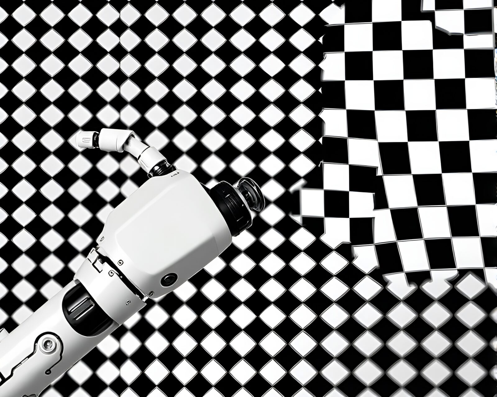 Black and white robotic arm on checkered background