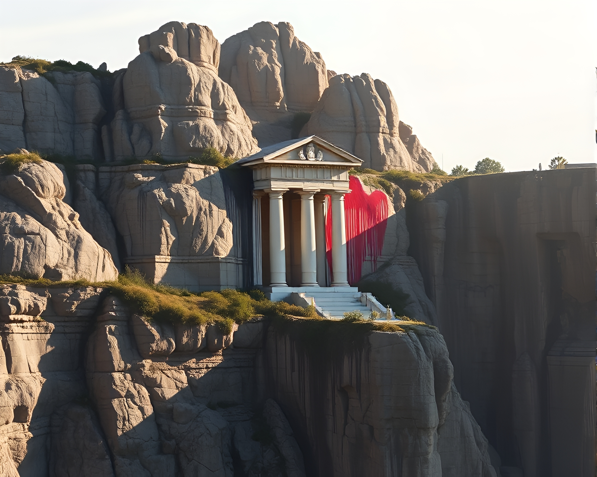 Mystical Temple Shadows: Cliffside Divisionism – free AI stock image