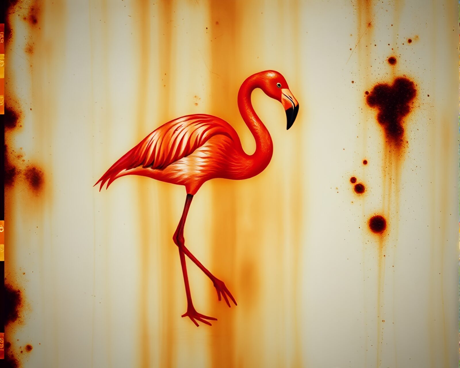 A surreal flamingo in a rustic, grainy film setting