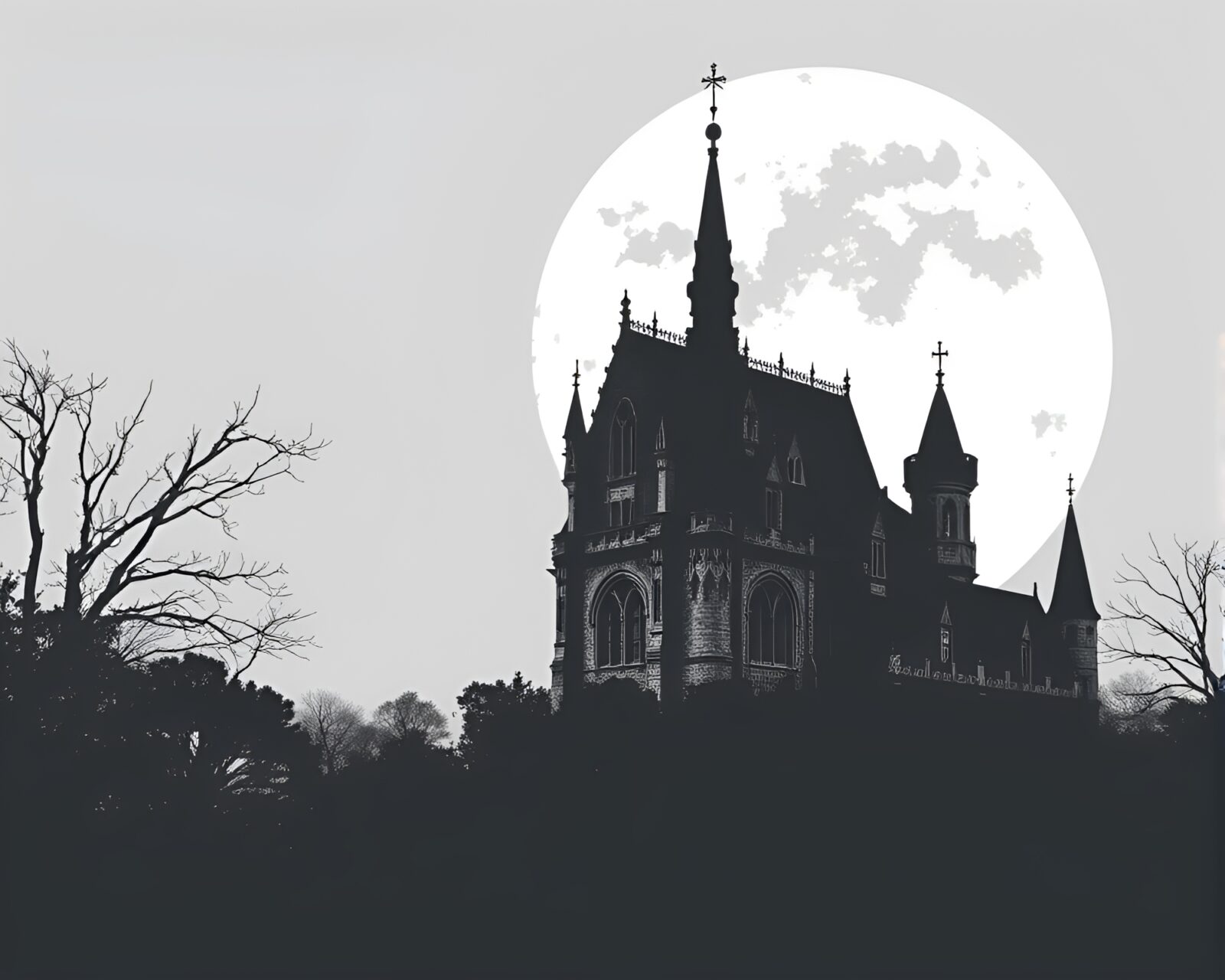 Eerie neo-gothic mansion in lunar grayscale tones