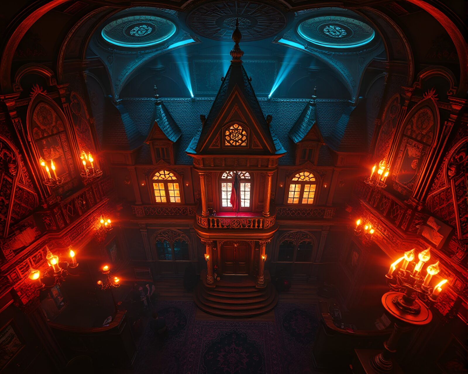 Aerial view of neo-gothic mansion with strobe lights