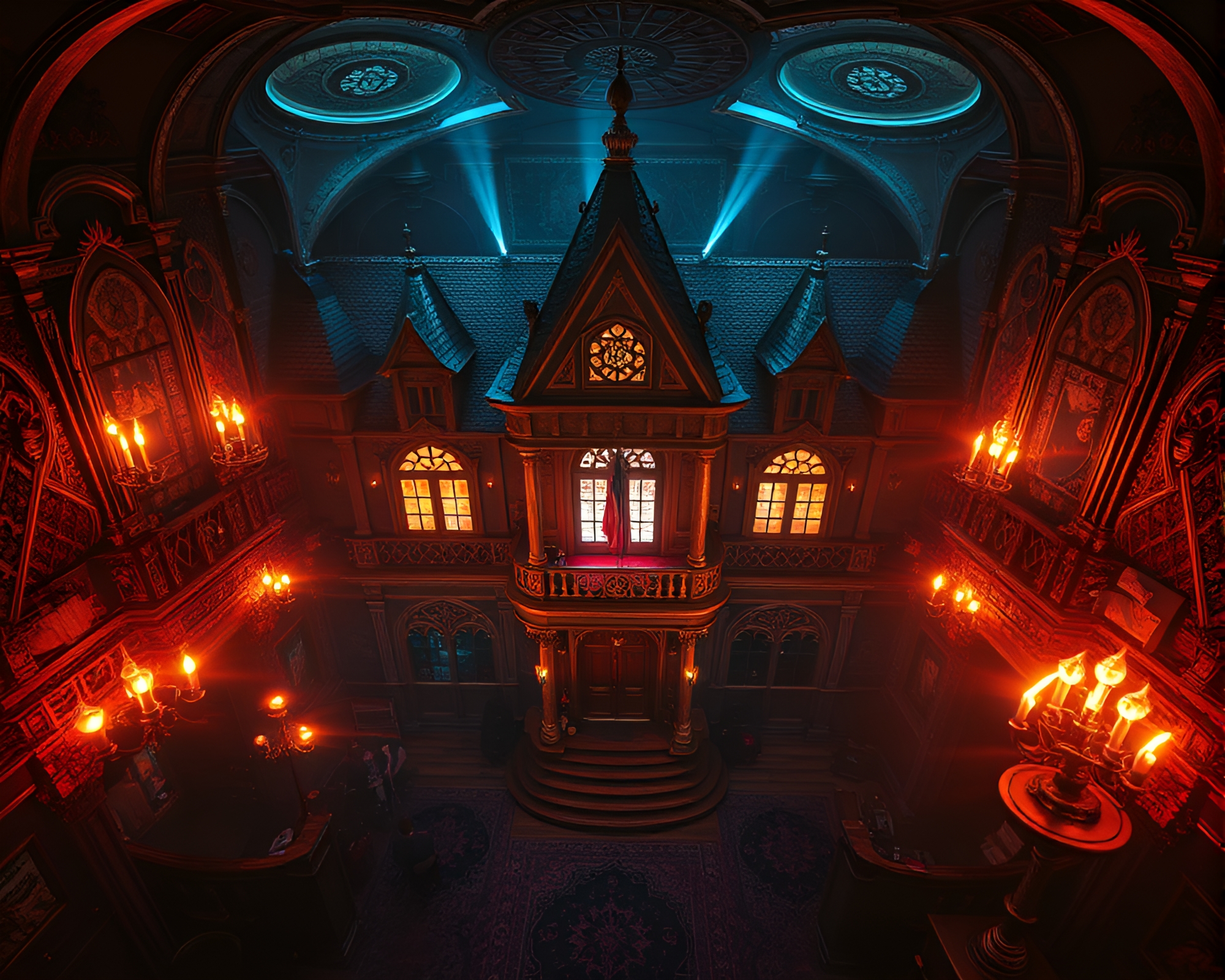 Neo-Gothic Mansion Club: Bird’s Eye Mural View – free AI stock image