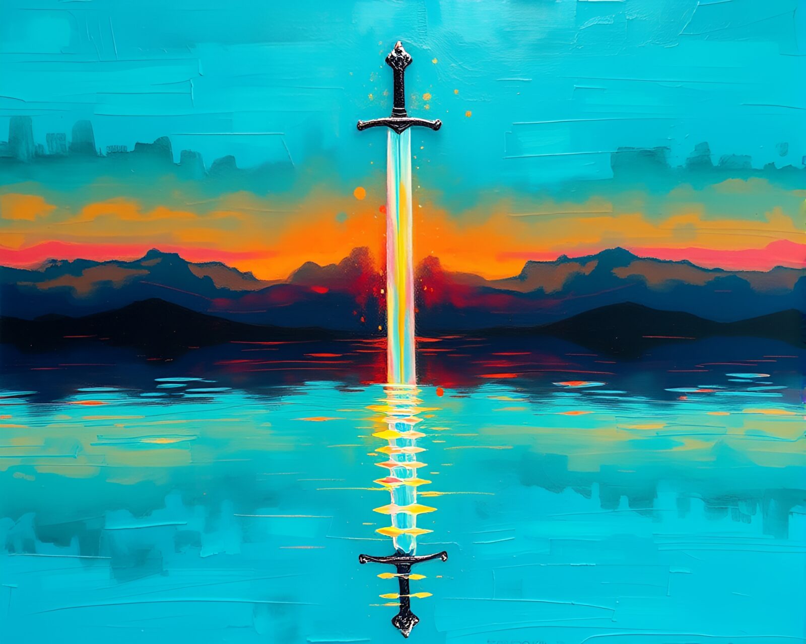 Encaustic painting depicting a sword surrounded by rainbow refraction in a tranquil turquoise setting