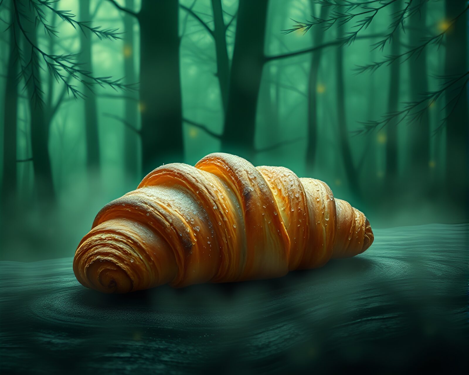 Enchanted forest with mist, croissant floating amidst lithograph style