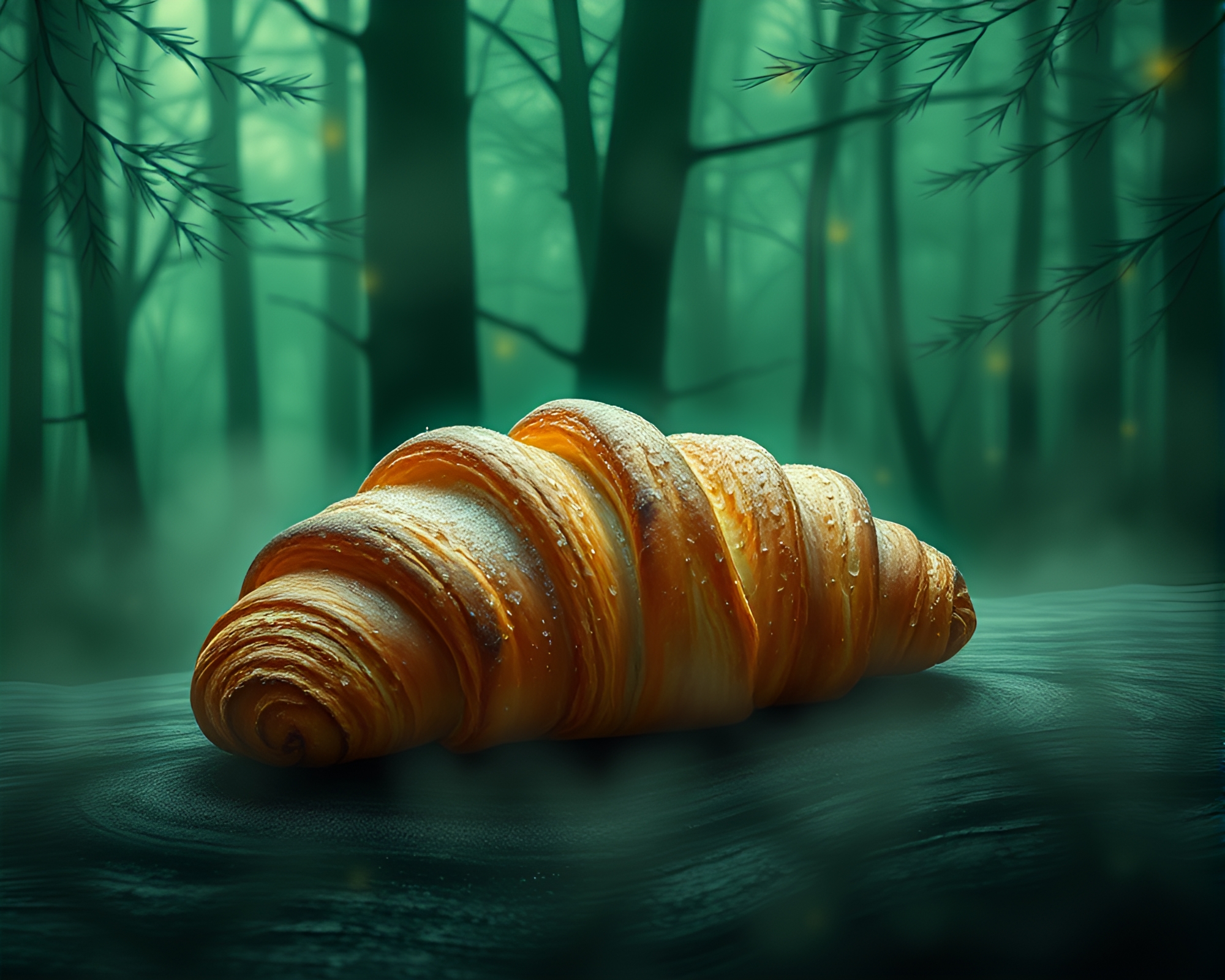 Foggy Forest Croissant: Lithography Enchantment – free AI stock image