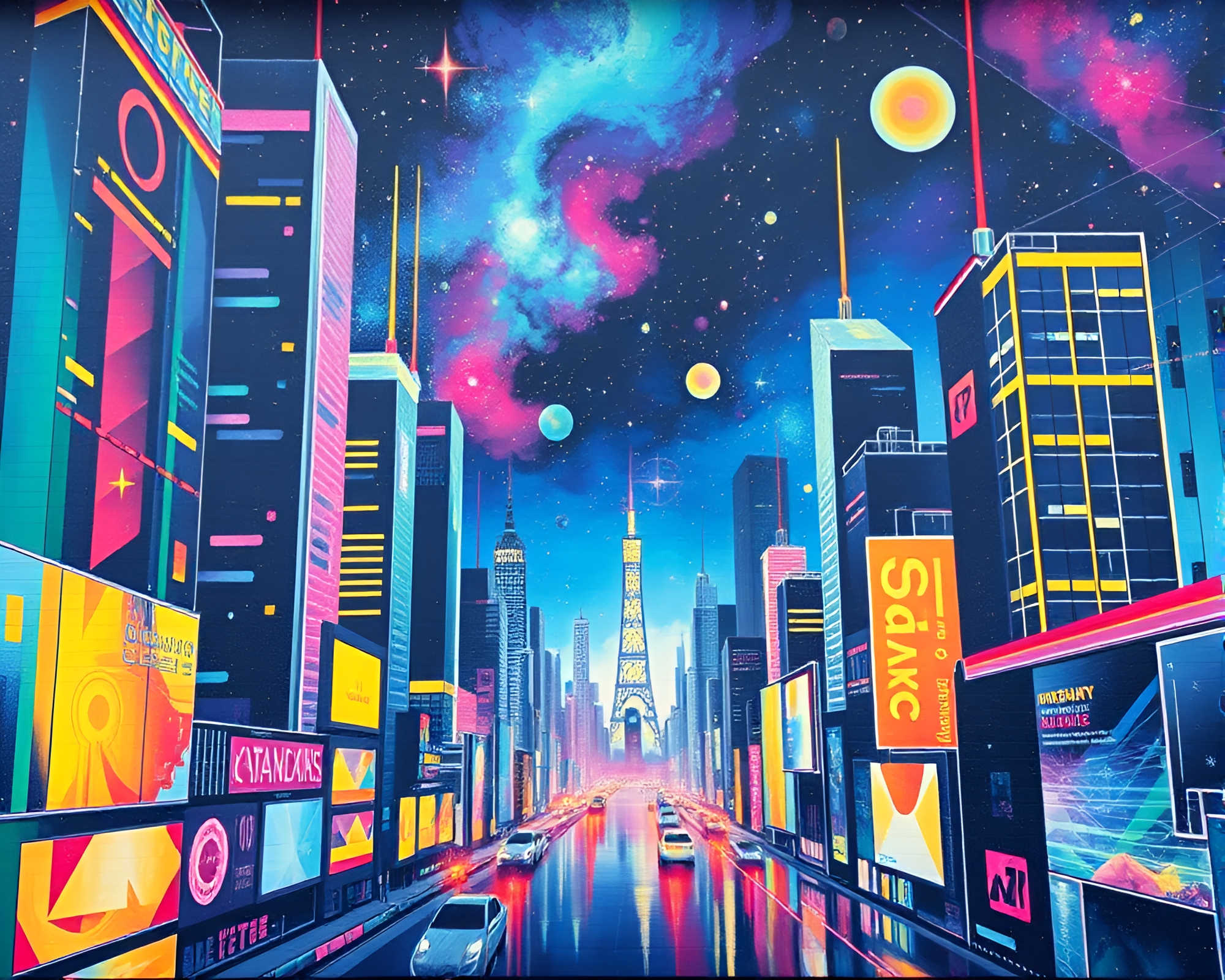 Futuristic Prism City Mural with Galaxy Colors – free AI stock image