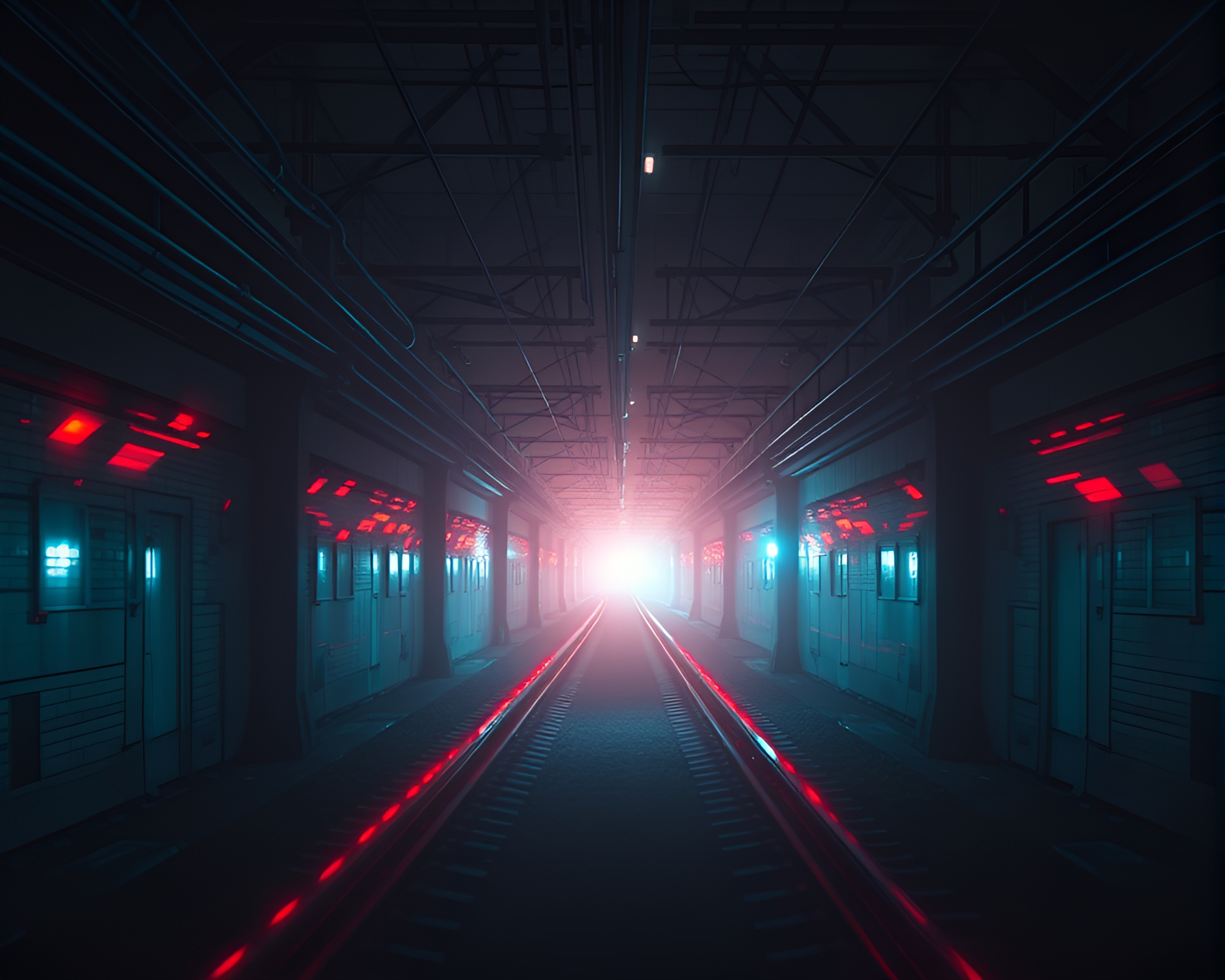 Cyberpunk Alley Surreal Train Light Trails – free AI stock image