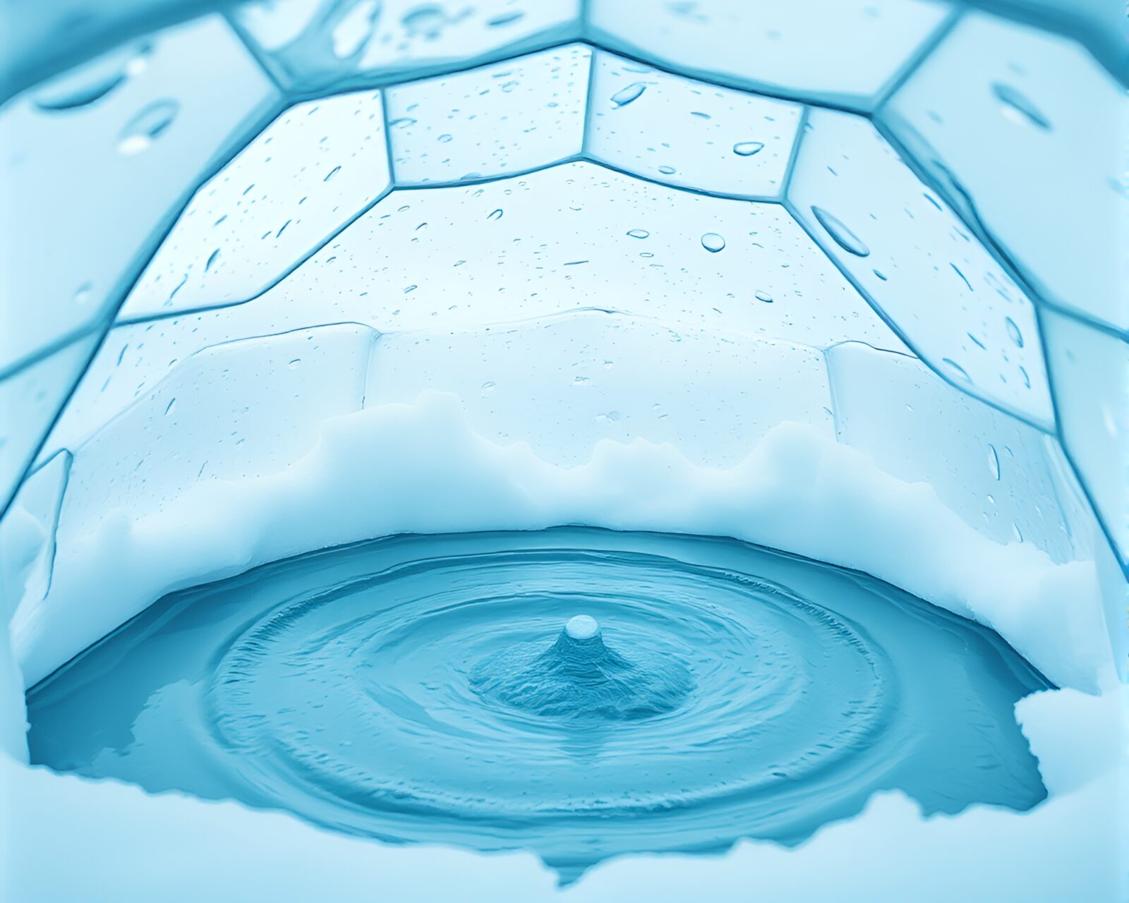 Mystical glass igloo swirling in water whirlpool under unique lighting