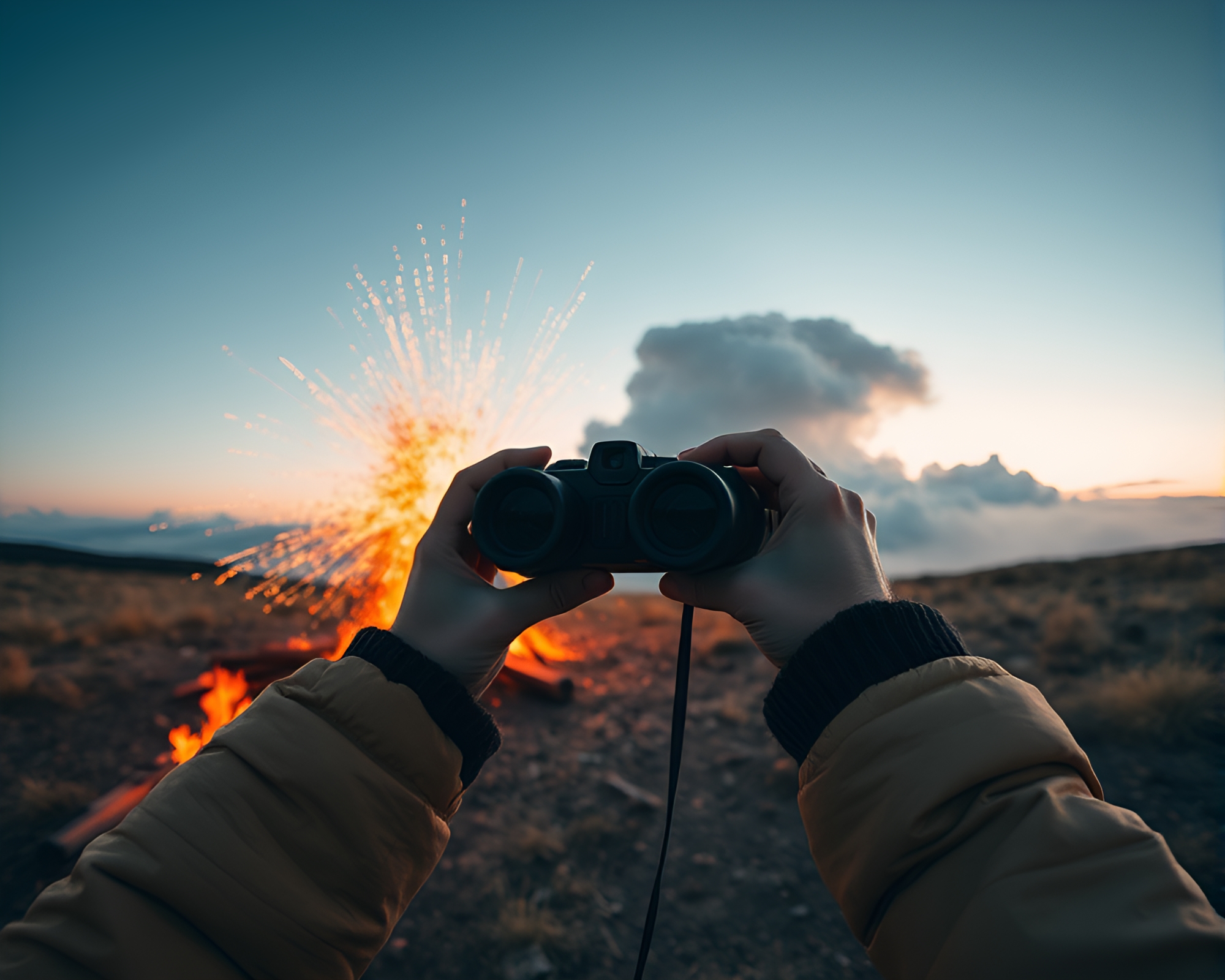 Fiery Binocular Exploration in Explosive Wide-Angle Scene – free AI stock image
