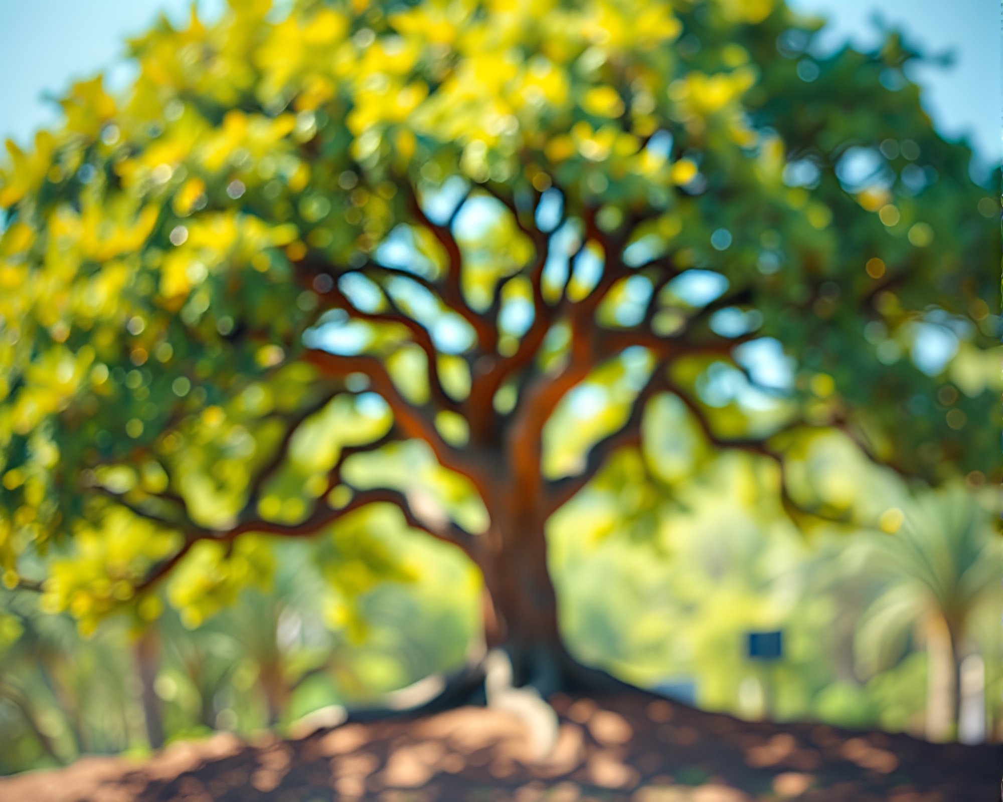 Ancient Tree in Gouache Bokeh Painting – free AI stock image
