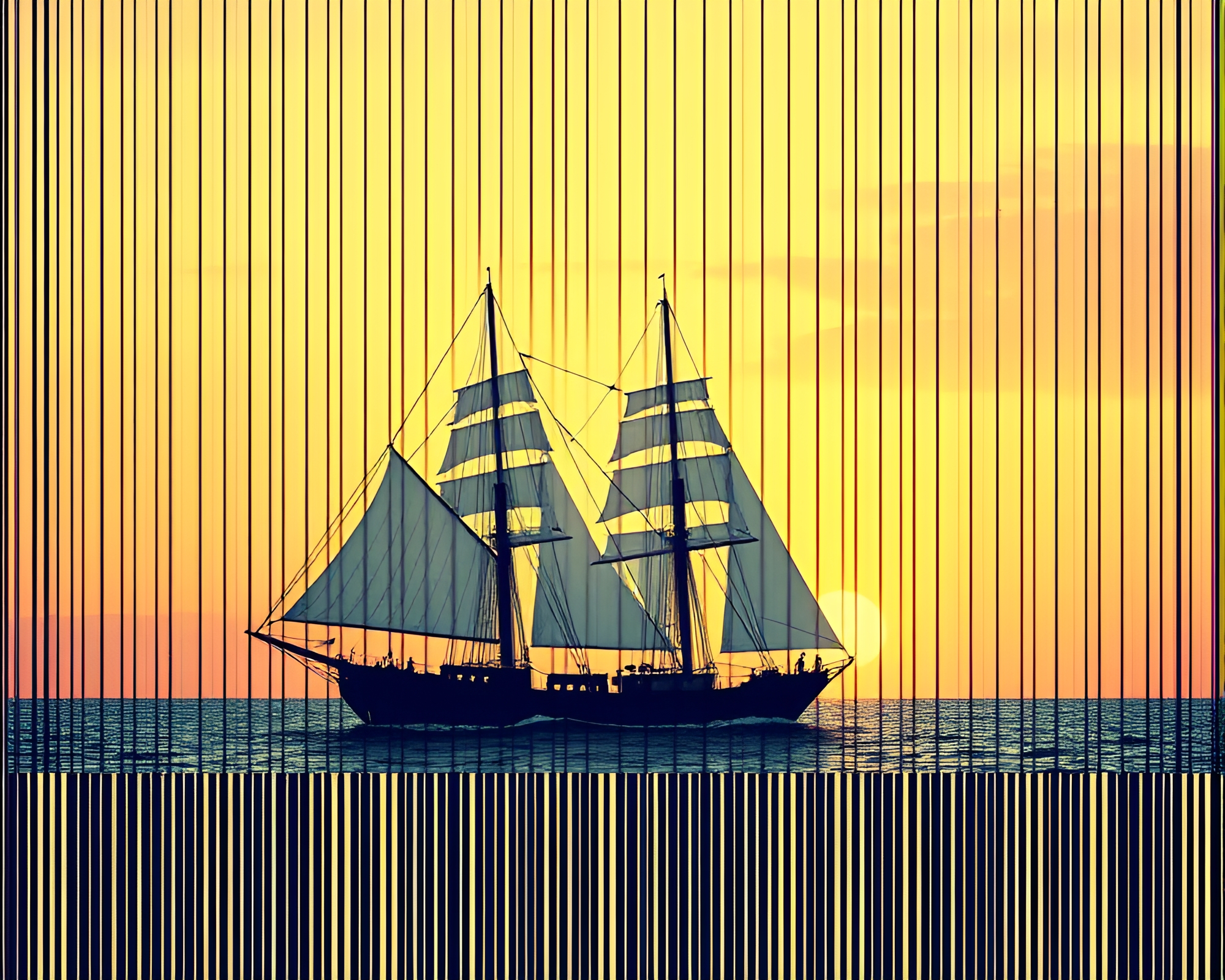 Classic sailing ship in barcode stripe seascape – free AI stock image