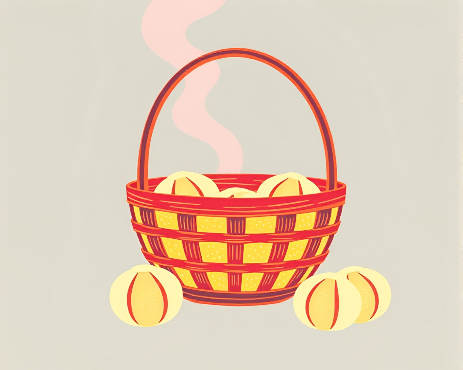 A linocut print of a pastel dim sum basket with film burn effect.