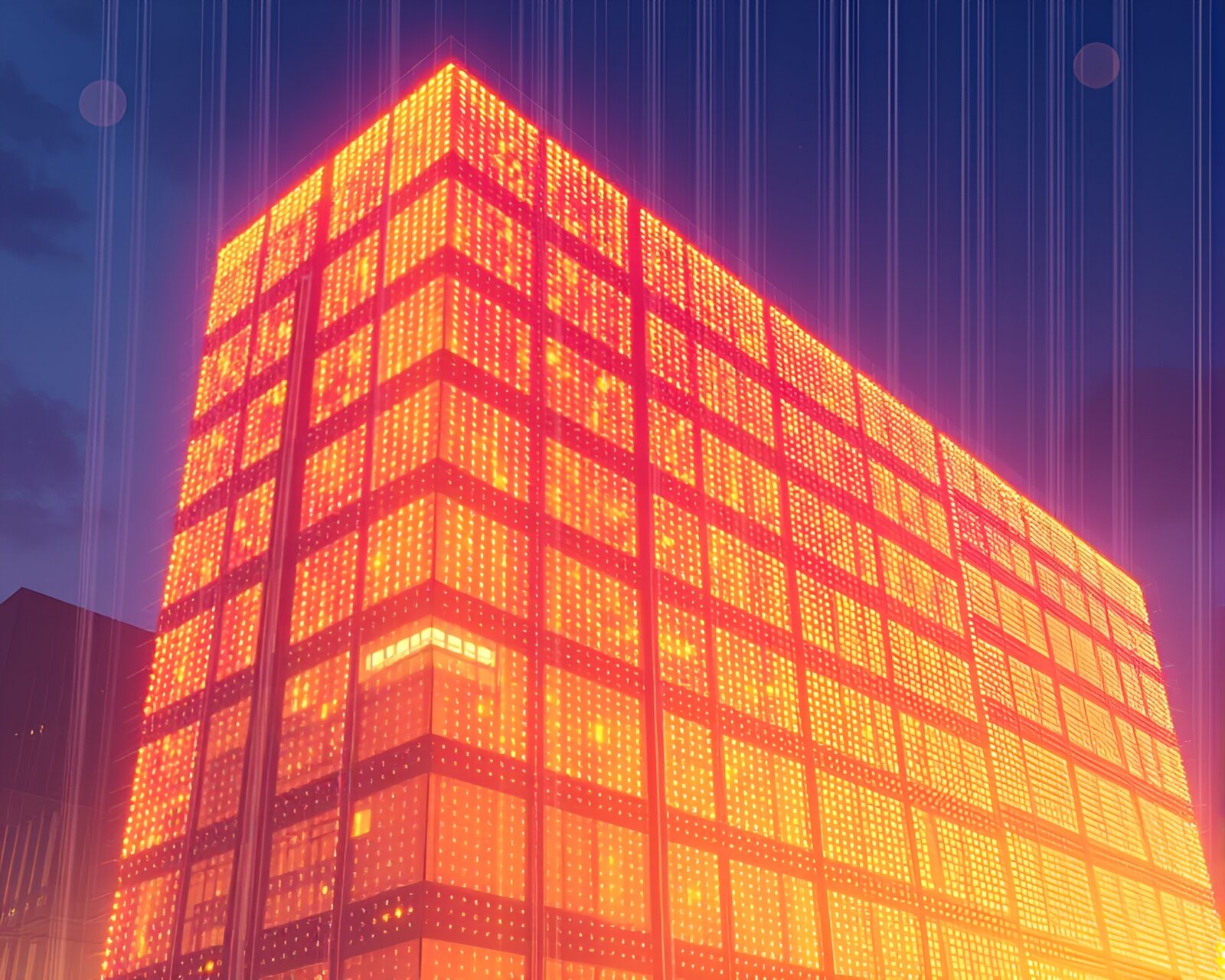 Technical illustration of LED pixel grid on brutalist architecture