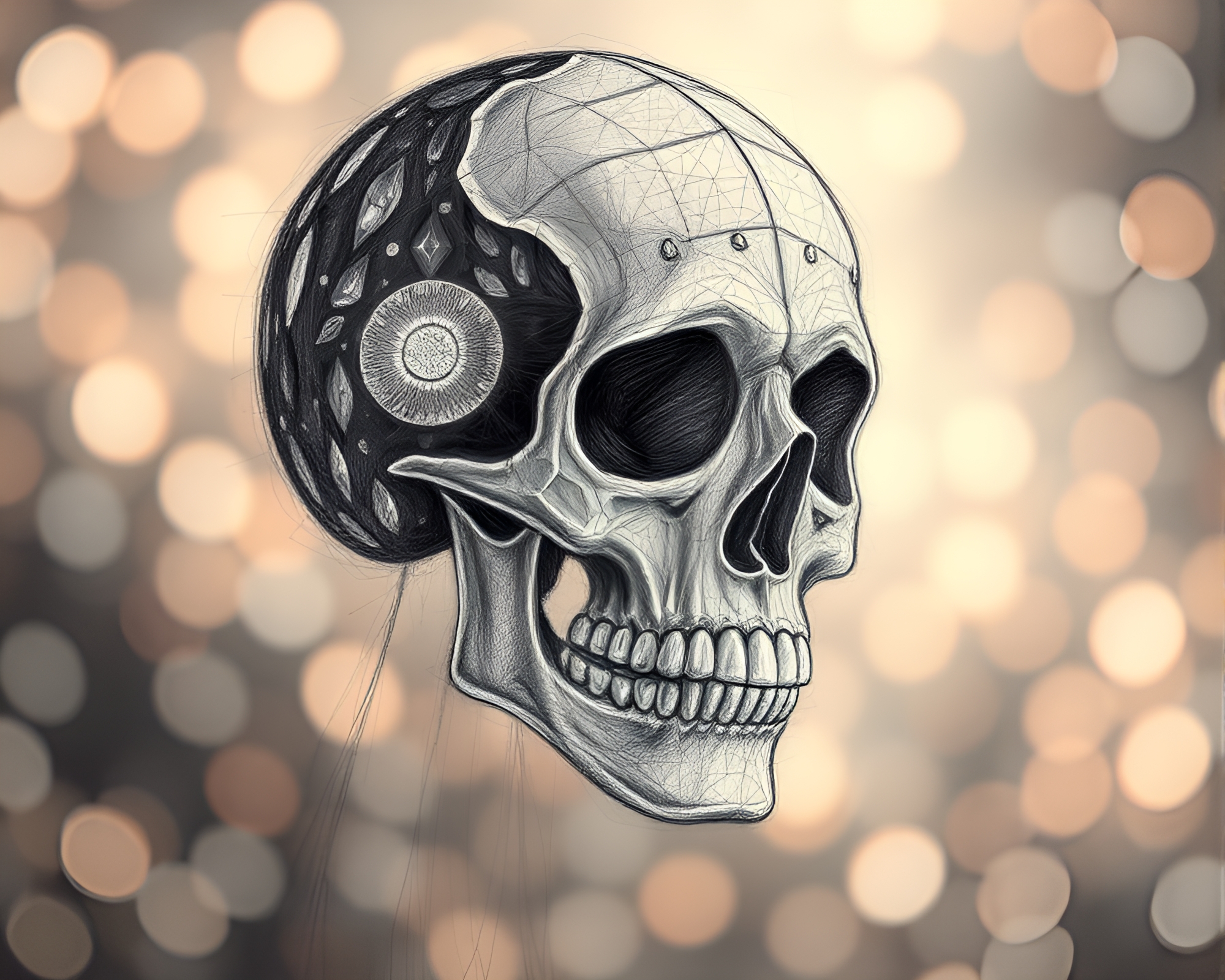 Enigmatic Crystal Skull Illuminated by Mosaic Lighting Sketch – free AI stock image