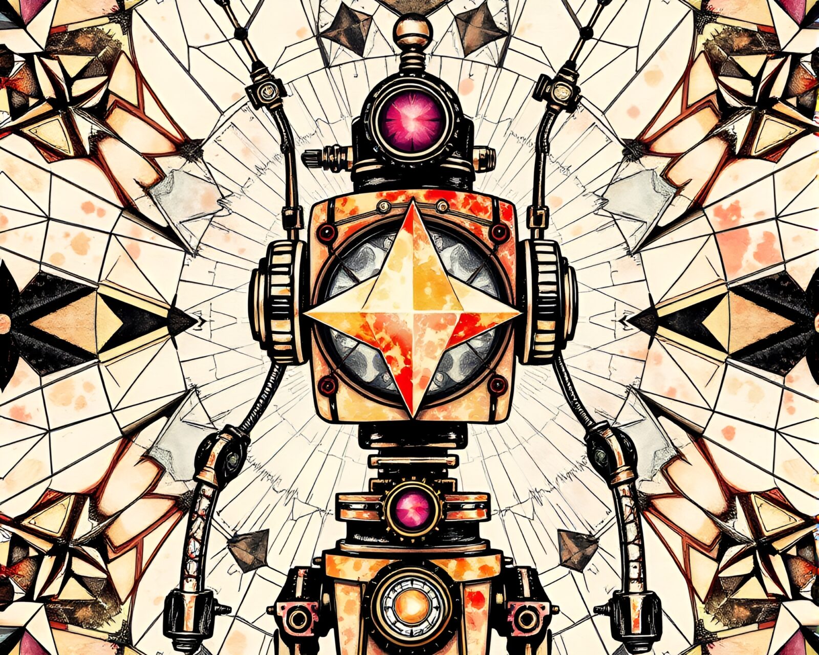 Geometric steampunk robot in prism light, ink wash style