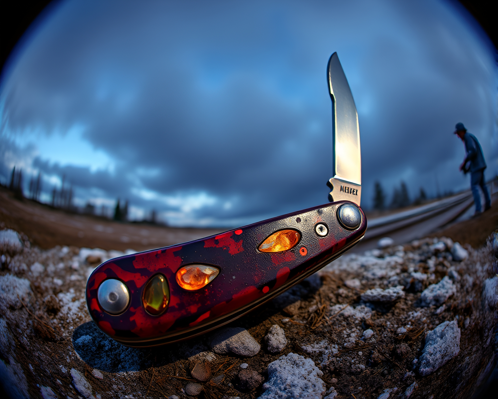 Rusty Pocketknife in Jewel-Toned Fisheye Fantasy – free AI stock image