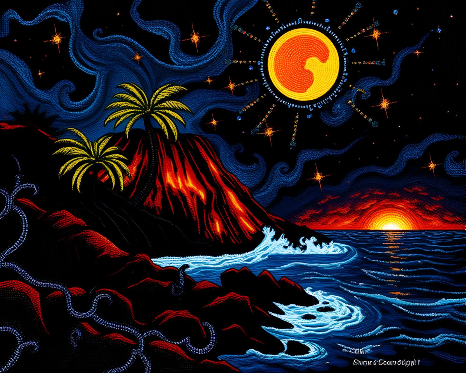 Dramatic neural style transferred image of beadwork on volcanic island