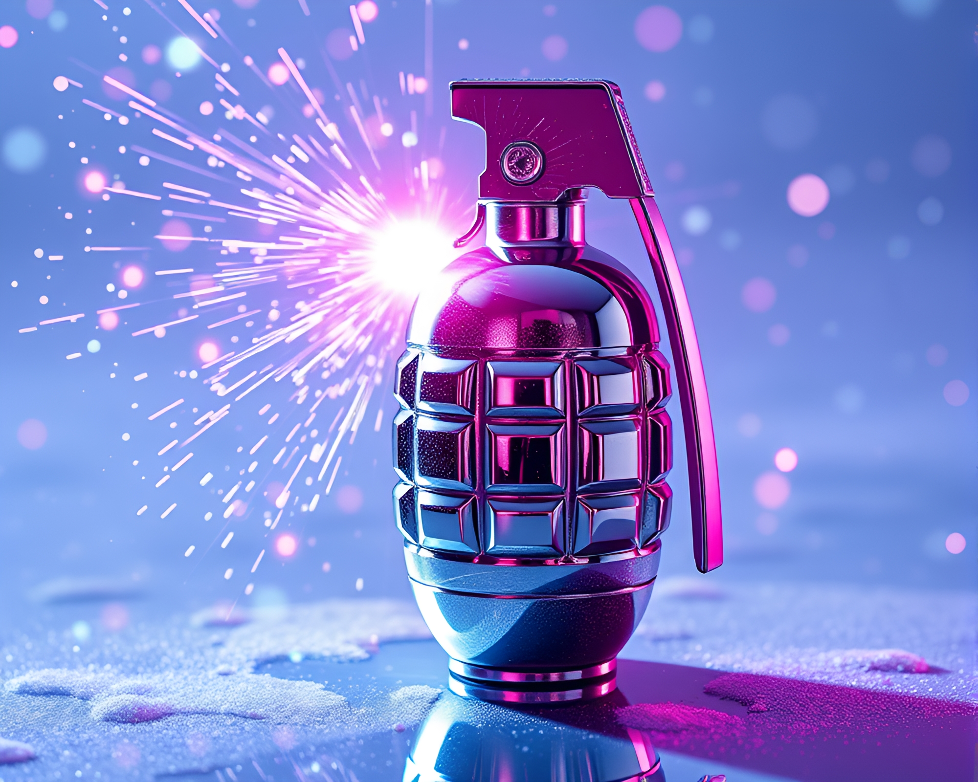 Snow-Kissed Antimatter Grenade Explodes in Chrome Reflection – free AI stock image