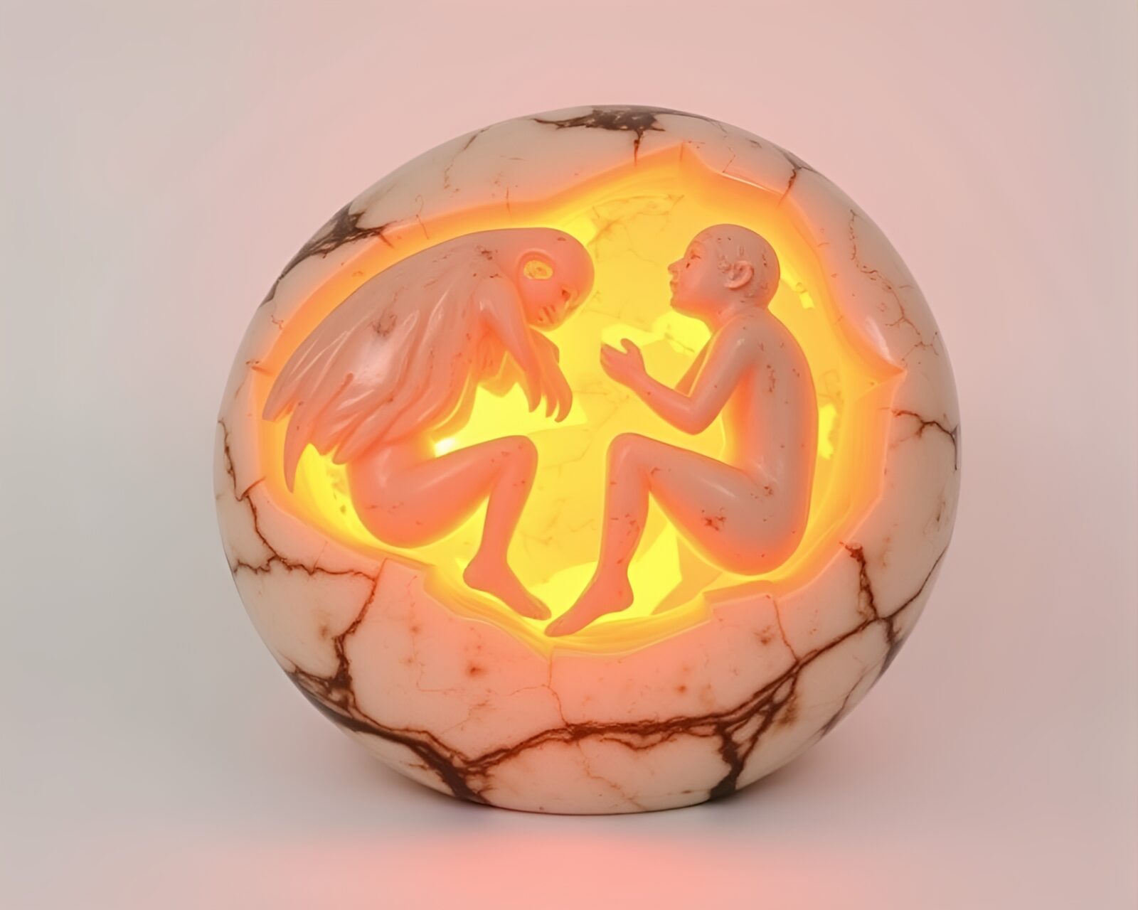 Abstract marble sculpture illuminated by vibrant neon lights