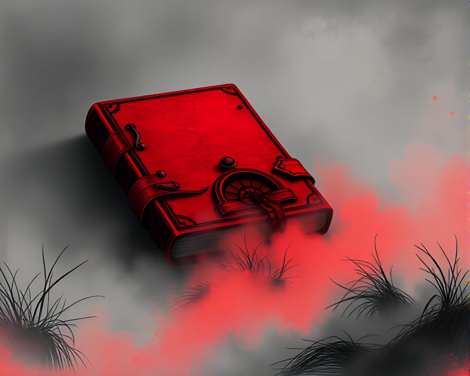 Illustration of leather diary in eerie red fog
