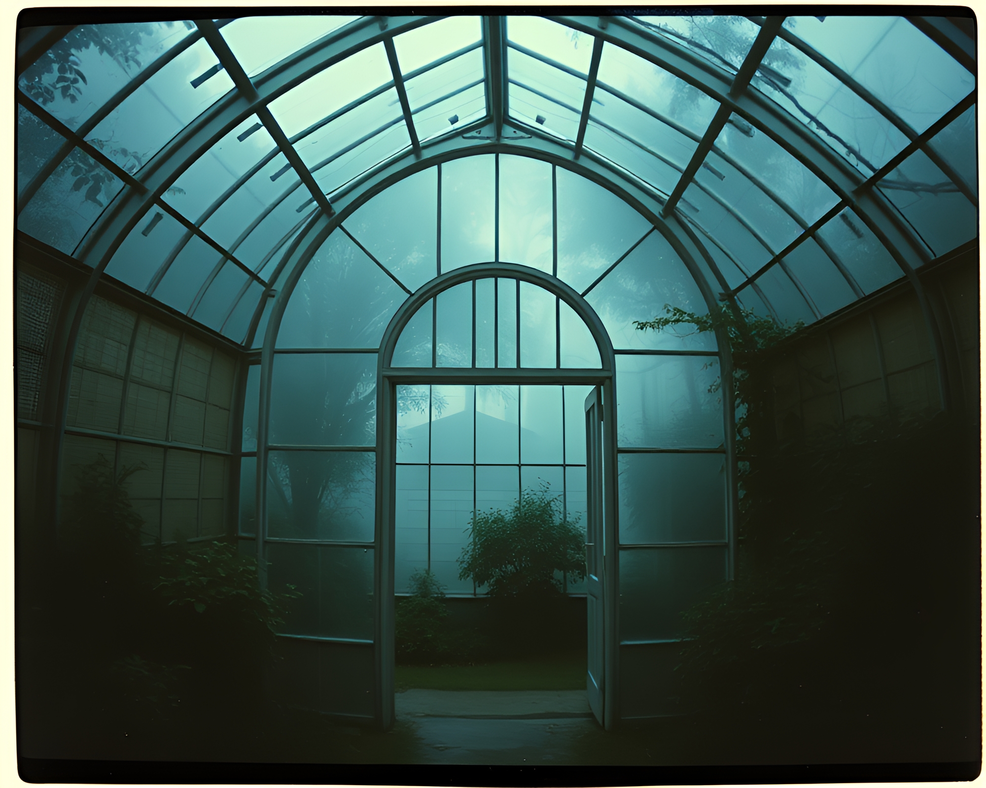 Glass greenhouse cave entrance with depth layering – free AI stock image